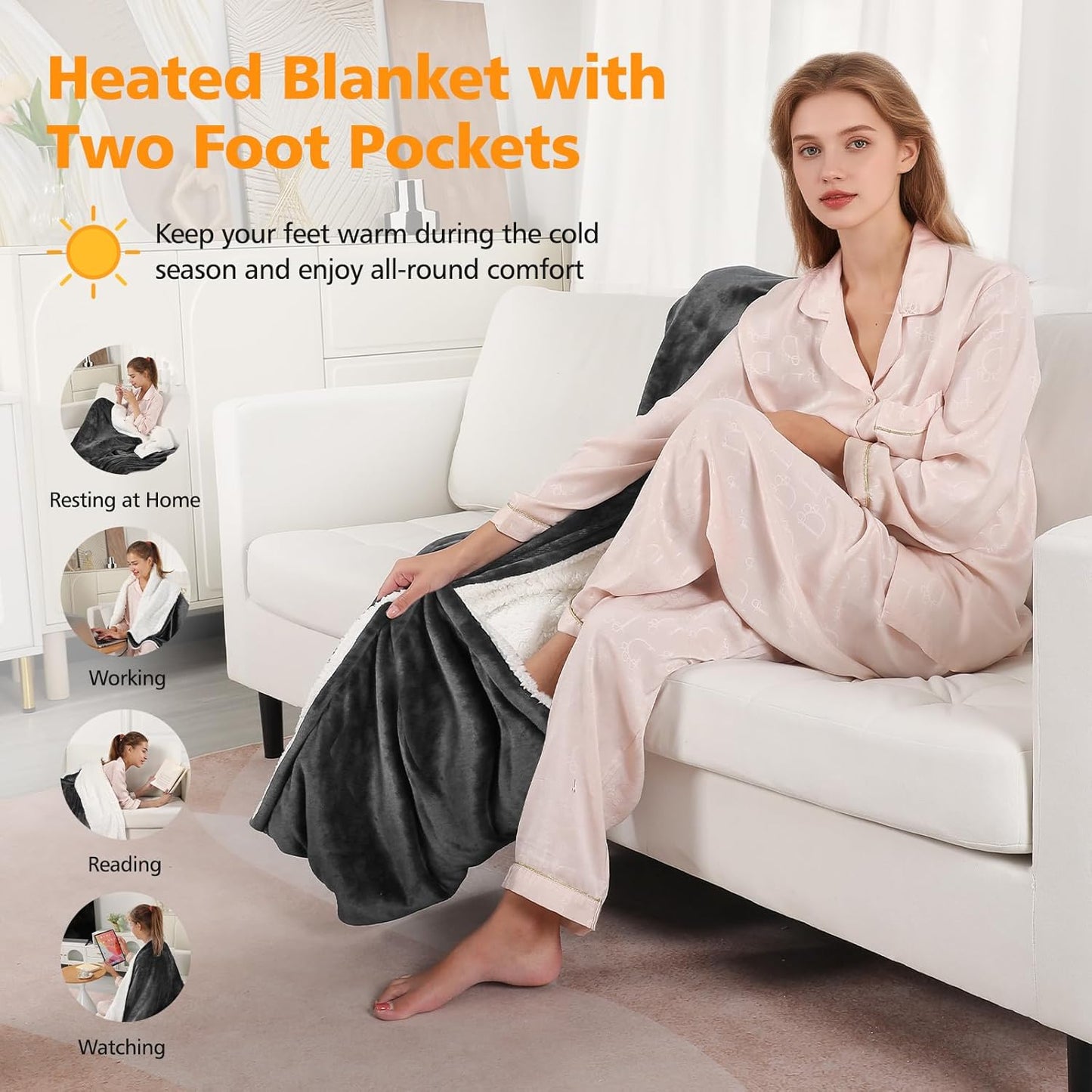 Heated Blanket Electric Throw 52"X60",Electric Blanket with Foot Pocket,6 Heat Settings & 1-10 Hours Time Settings Auto-Off,Machine Washable Heating Blanket for Home and Office (Gray)