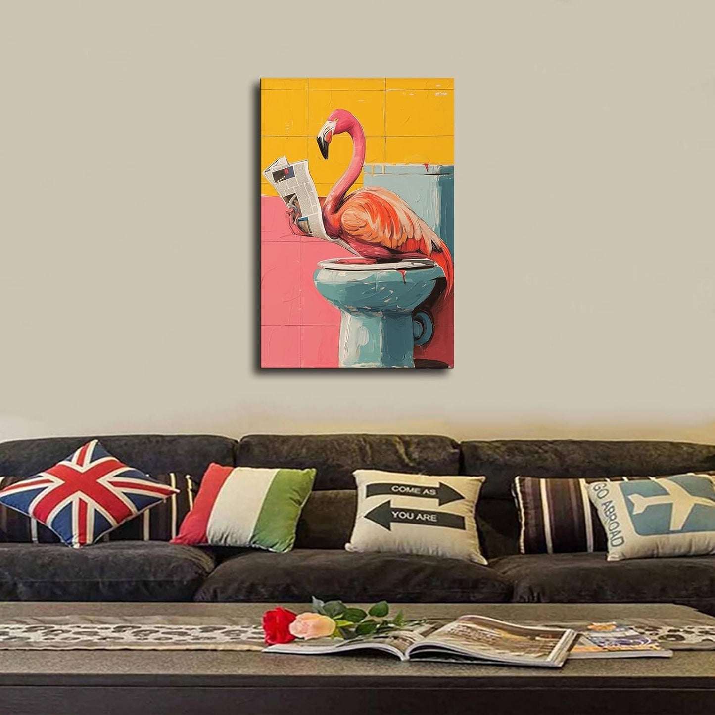 chenmjj Flamingo Reading Newspaper in Toilet Print Poster Picture HD Print Poster Retro Painted Modern Home Bedroom Room Aesthetic Decoration Canvas Art (16x24inch Unframed)