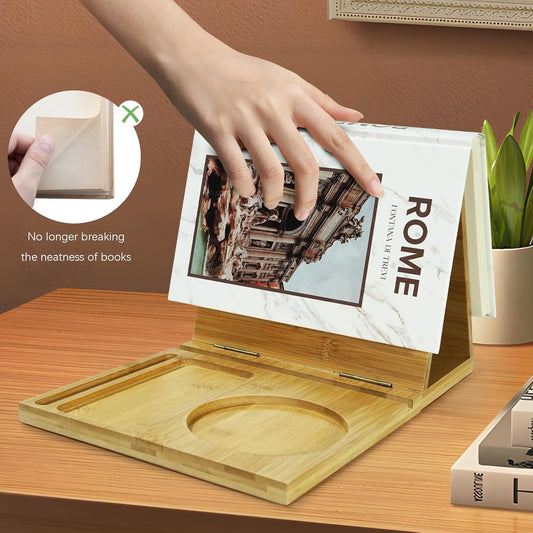 Junfire Triangle Book Stand with Drink Holder, Book Rest, Wooden Book Nook Reading Valet for Book Lover Gifts