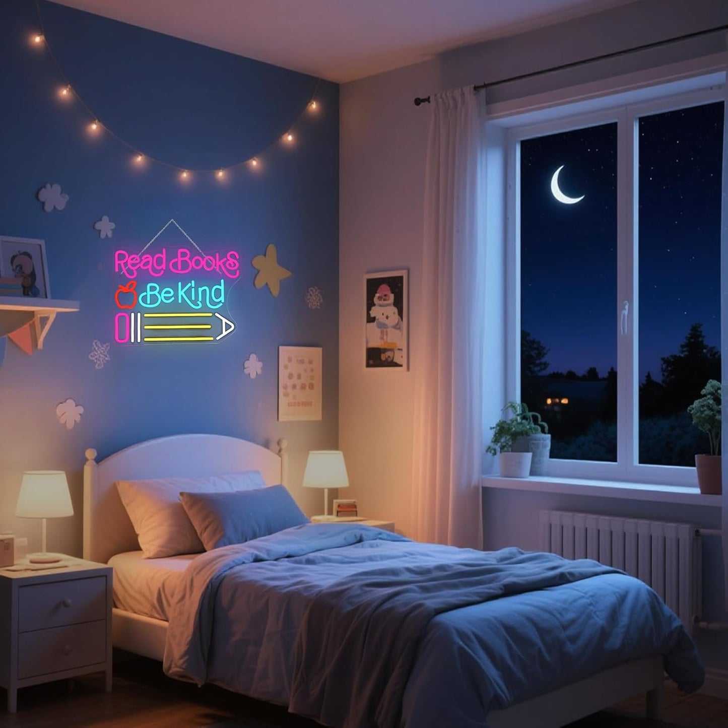 Read Books Be Kind Neon Sign Adjustable Brightness Student LED Neon Light Light Up Colorful Neon Sign Suitable for Classroom Study Room Library Bookstore