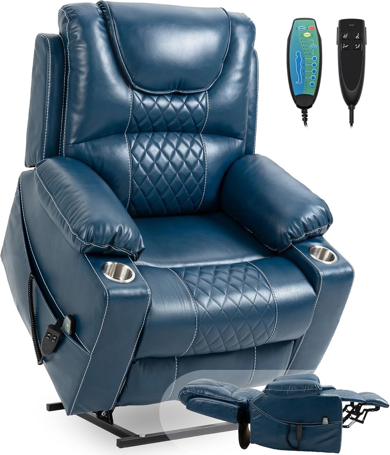 Large Power Lift Recliner Chair for Elderly, Dual Motor Infinite Position Reclining Sofa with Massage and Heat, Blue Leather Home Theater Seat with Cup Holders