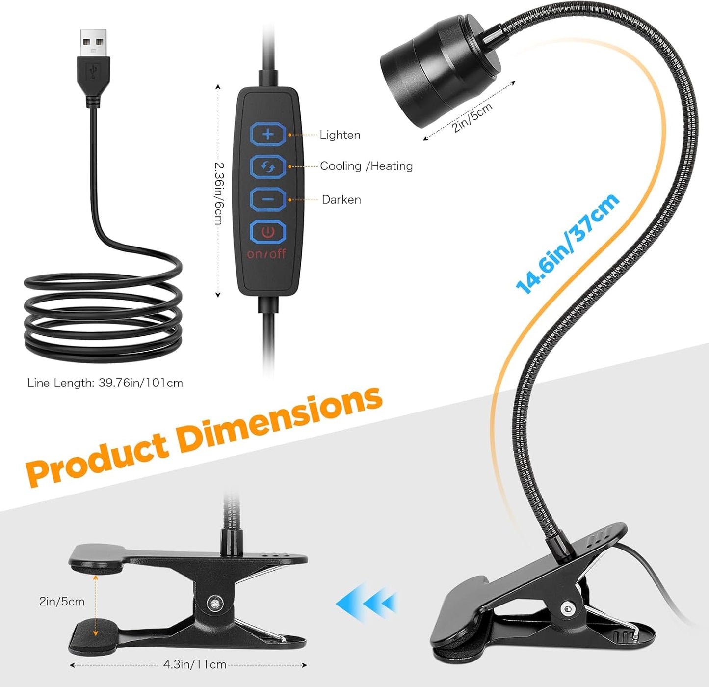 Dimmable LED Clip Light for Bed Reading, 360° Flexible Gooseneck Clamp Lamp with 3 Color Modes & 10 Brightness Levels, USB Powered Book Light for Headboard, Desk, Dorm & Study