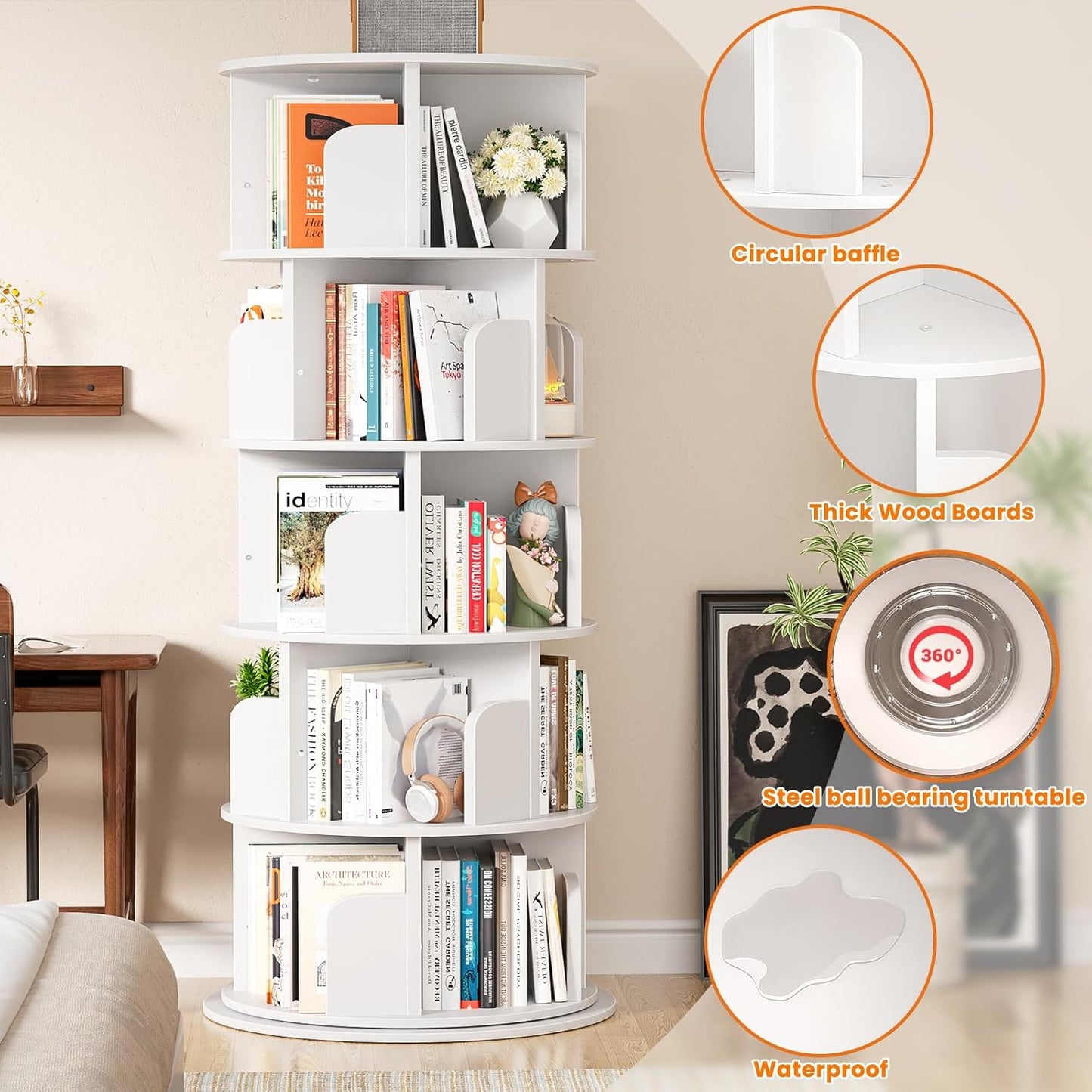 Rotating Bookshelf Tower, 5 Tier Spinning Bookcase, Revolving 360 Book Shelf Narrow Tall Bookcase, Vertical Turning Round Bookshelf Organizer, Wood Corner Book Shelf for Small Space, White