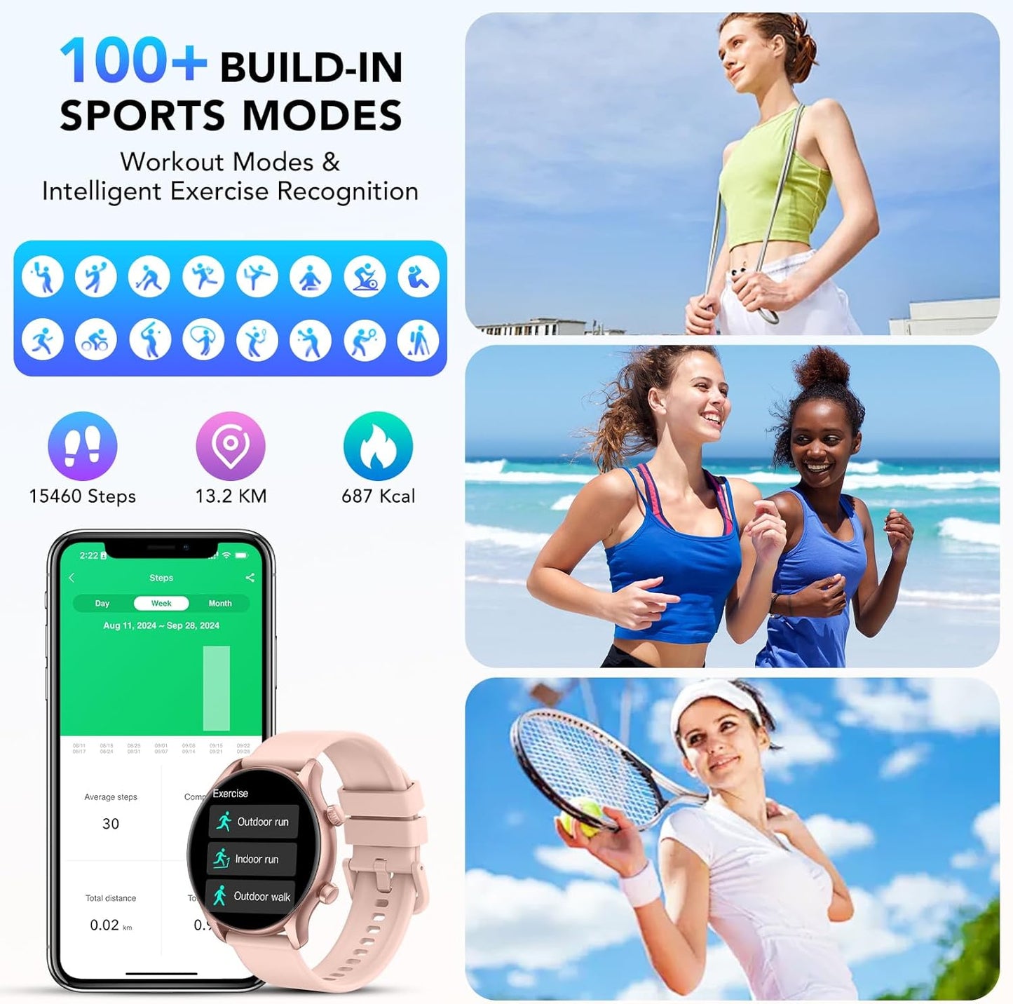Smart Watch, 1.39" Smartwatch for Women (Answer/Make Call), Fitness Activity Tracker with Heart Rate & Sp02 Monitor, 100+ Sport Modes, IP68 Waterproof Fitness Watch for Android iOS (Rose Gold)