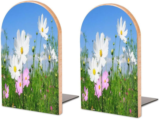 Pink and White Flowers Wooden Bookend Non-Slip Book Ends Heavy Duty Book Stopper with Metal Base Books Holderd Decorative Bookends Stands Firmly for Office Supplies