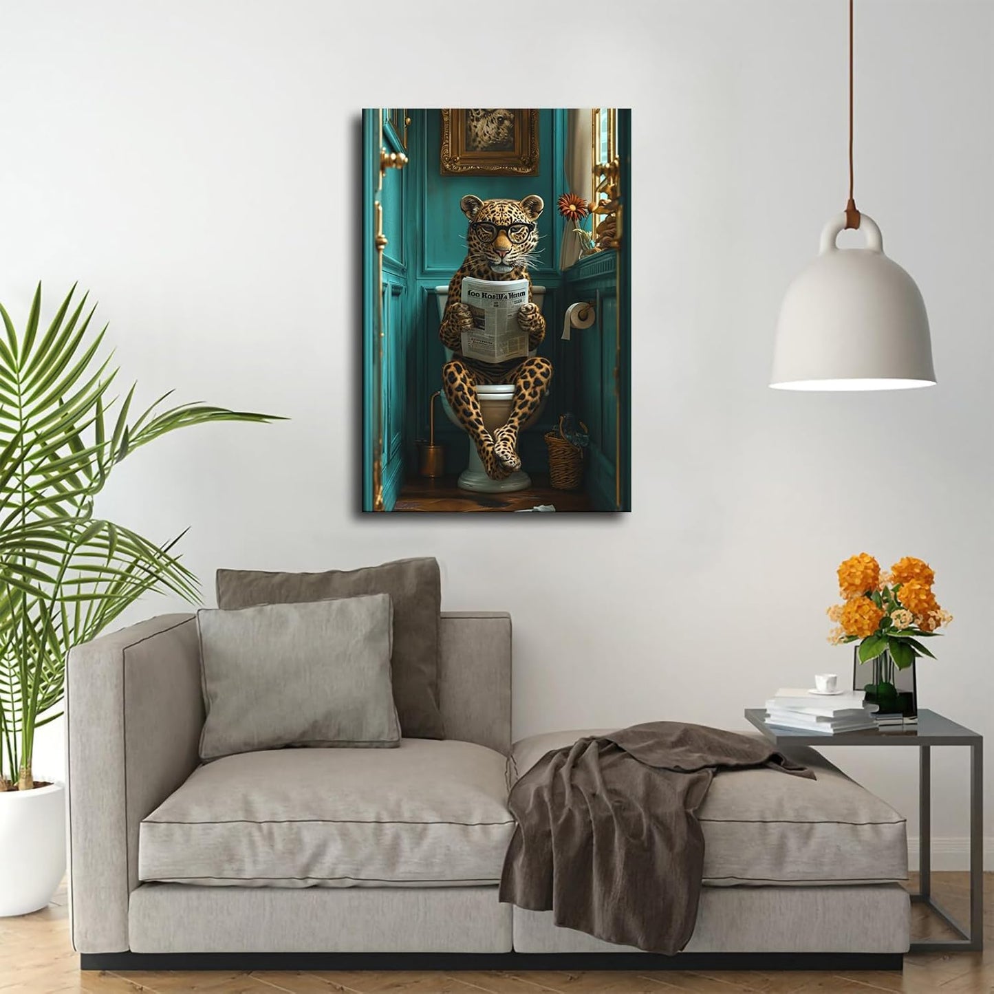 chenmjj Leopard Wearing Glasses and Reading Newspaper in Toilet Print Poster Picture HD Print Poster Retro Painted Modern Home Bedroom Room Aesthetic Decoration Canvas Art (24x36inch Unframed)