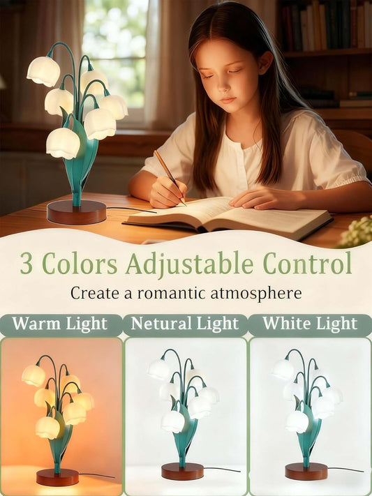 Vintage Lily of The Valley Table Lamp, 5 Flowers Artistic Sculpture & Soft Eye-Caring Light, Nordic Cottagecore Bedside Lamp for Reading, Wood Base, Sweet Gift for Home Office Bedroom Decor