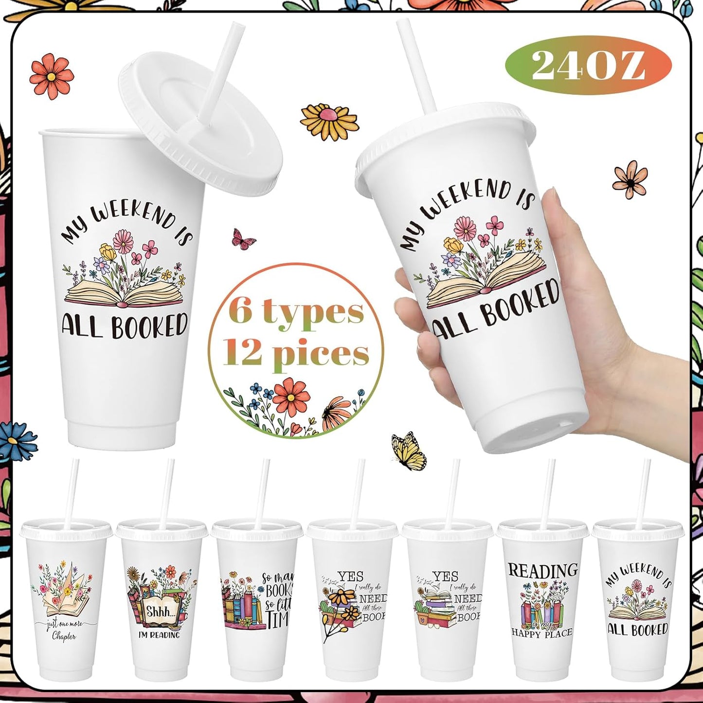 Sliner 12 Pcs Book Lovers Gifts 24 oz Book Club Tumbler with Straw and Lid Bookish Librarian Appreciation Gifts for Readers Bookworms Themed Party