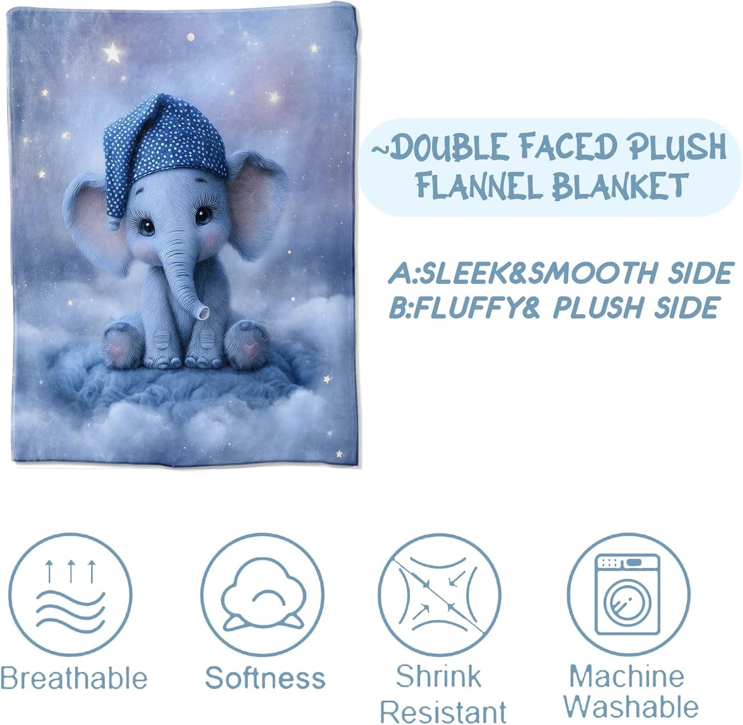 Cute Elephant Blanket 50x60 Inch Adorable Baby Animal with Starry Sky Throw Soft Cozy Flannel Blankets Practical Decorative Throws for Dorm Reading Nook Thoughtful Gifts for Kids Boys Girls