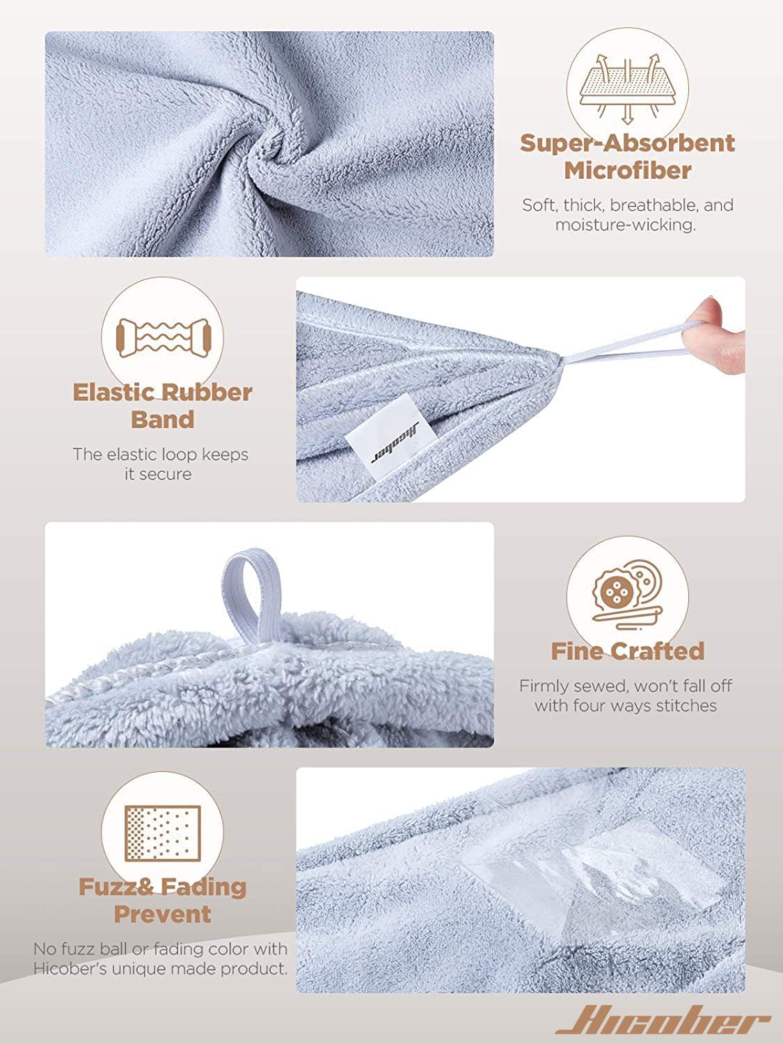 Hicober Microfiber Hair Towel Wrap, Fast Drying Hair Towels for Women, Soft Lightweight Quick Dry Turban for Curly & Long Hair–3 Pack(Blue/Grey/Pink)