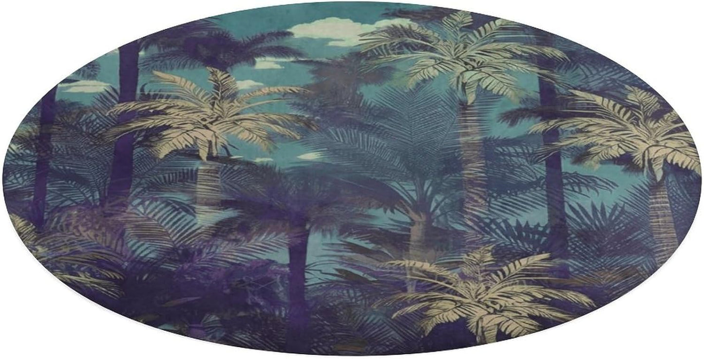 Fantasy Palm Tree Jungle Circle Rug Retro Luxury Coral Velvet Floor Mat Non Slip Soft Indoor Floor Carpet Comfy Thickened Area Rugs Modern Aesthetic Minimalist Carpets for Home Decor