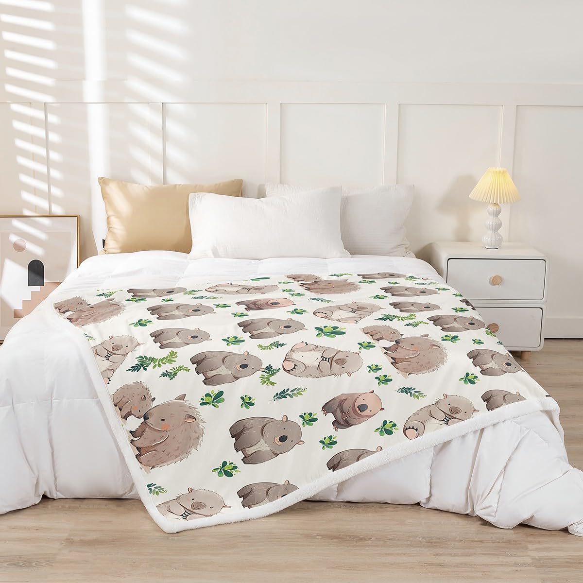 Cartoon Wombats Throw Blanket Throw 50x60 Watercolor Botanical Green Leaves Jungle Style Bed Blanket for Kids Boys Girls Teens Gray Cute Wild Animals Fleece Blanket for Living Room