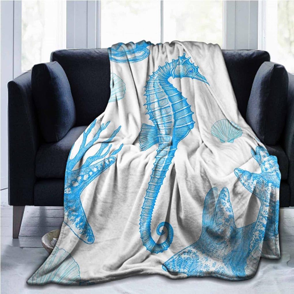 Mugod Sea Life Throw Blanket Seahorse Starfish Coral Sprigs and Seashell Marine Seamless Pattern Decorative Soft Warm Cozy Flannel Plush Throws Blankets for Baby Toddler Dog Cat 30 X 40 Inch