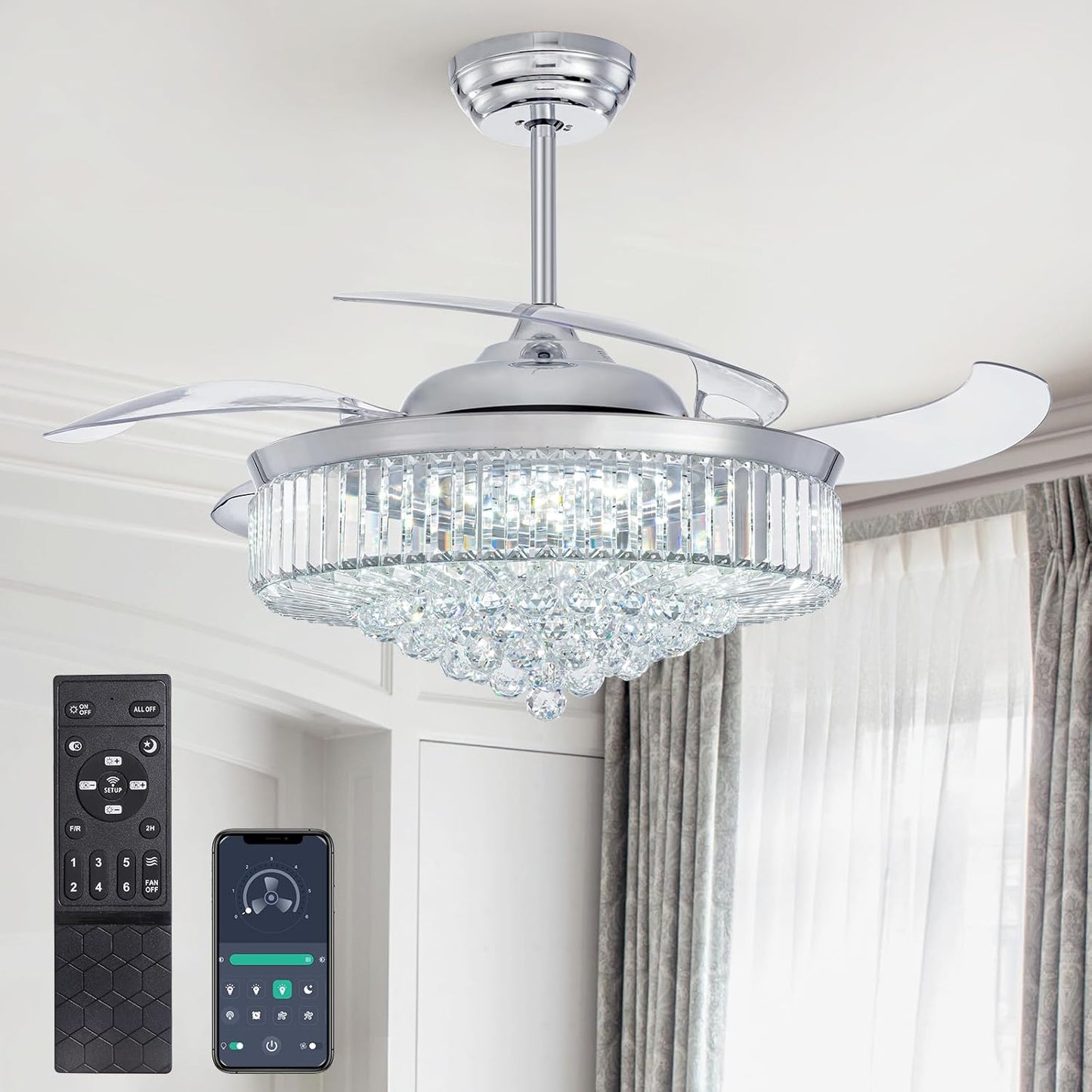 52 Inch Fandelier Ceiling Fan with Lights and Remote, Dimmable Crystal Chandelier Fan, LED Crystal Fan Light Kit for Dining Room Bedroom-Chrome