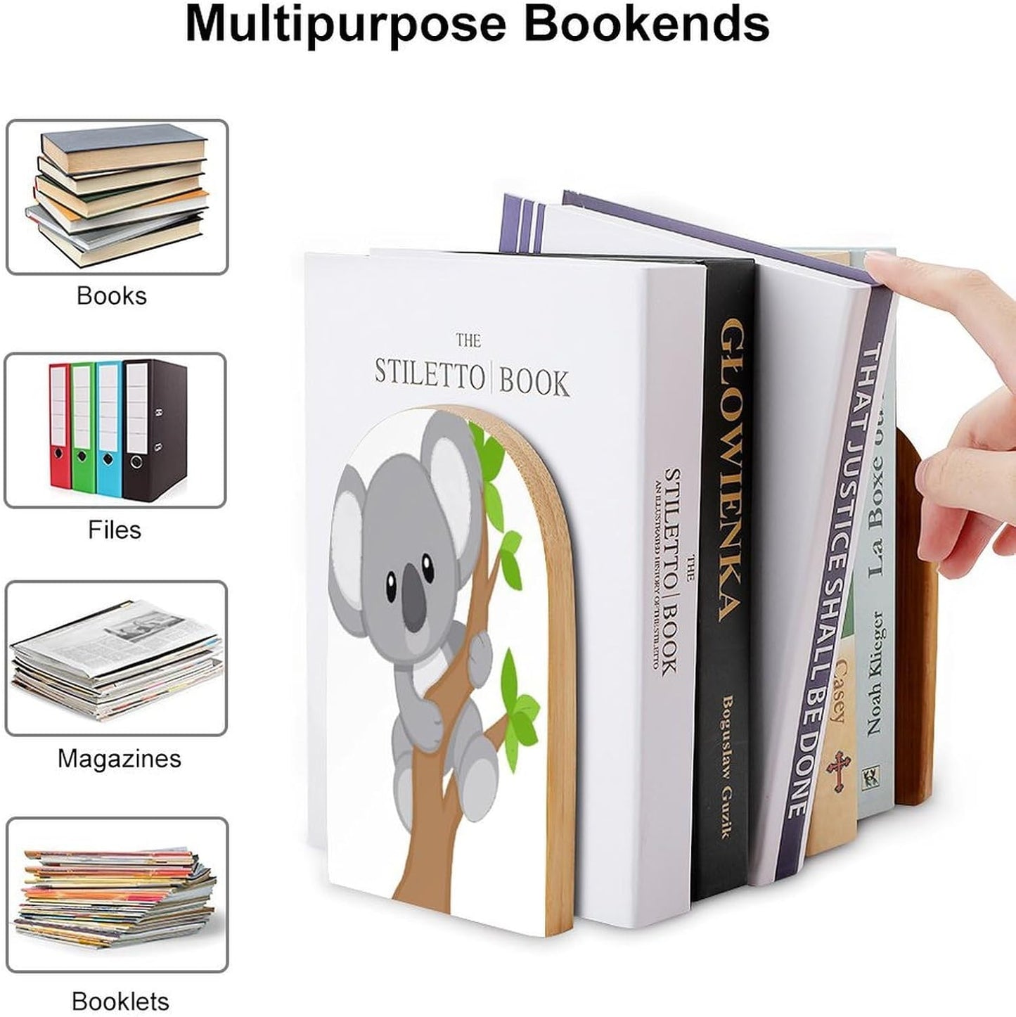 Hugging Tree Koala Wooden Bookend Non-Slip Book Ends Heavy Duty Book Stopper with Metal Base Books Holderd Decorative Bookends Stands Firmly for Office Supplies