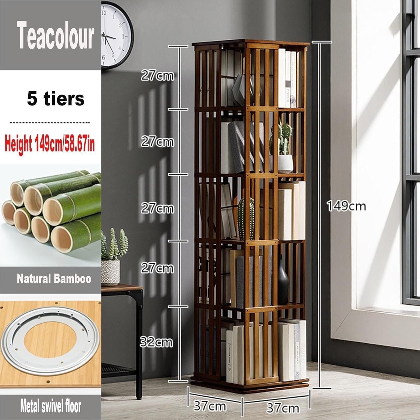 5-Tier Rotating Bamboo Bookcase - 360° Bookshelf Tower, Freestanding Storage Organizer for Bedroom, Living Room, Office - Stylish Corner Cabinet Book Rack