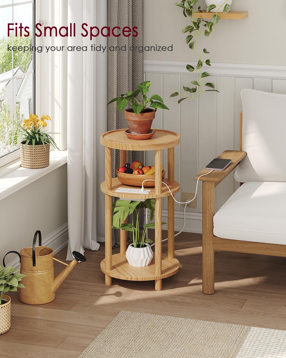 Small Round Side Table with Charging Station for Small Spaces, 3-Tier Solid Wood End Table, Compact Sofa Table Bedside Tables for Living Room, Bedroom, Apartment, Natural