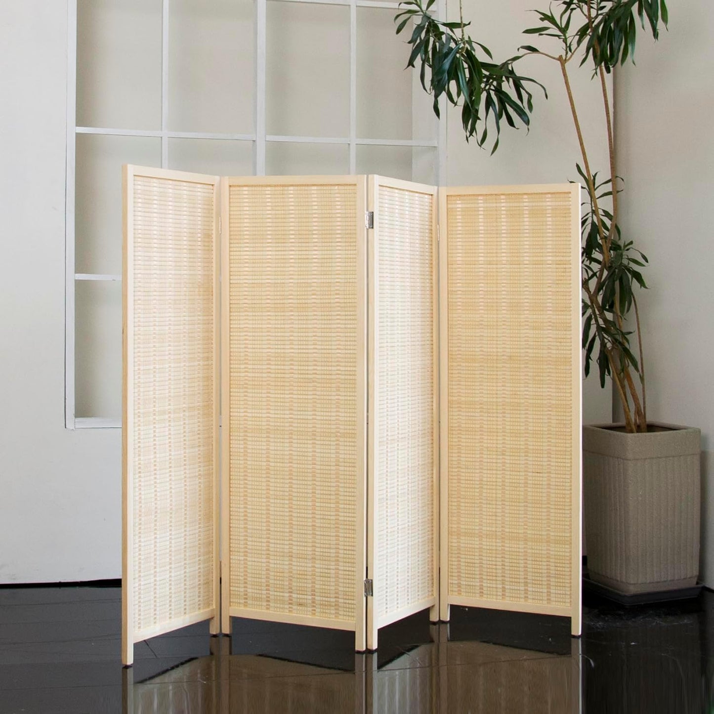 4 Panel Short Room Divider – 3.9 ft Tall Double-Side Folding Privacy Screen, Natural Beige Bamboo Partition Wall for Home Office, Living Room & Corner Spaces