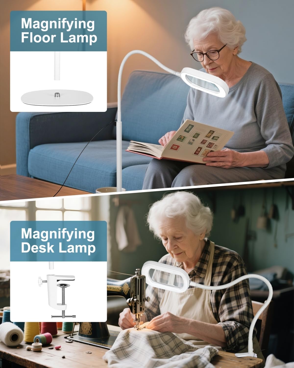 10X Rectangle Magnifying Glass with Light and Stand, 24" Flexible Gooseneck 3-in-1 Floor Lamp, 5 Color Modes Stepless Dimmable, LED Lighted Hands Free Magnifier for Reading Painting Close Work - White