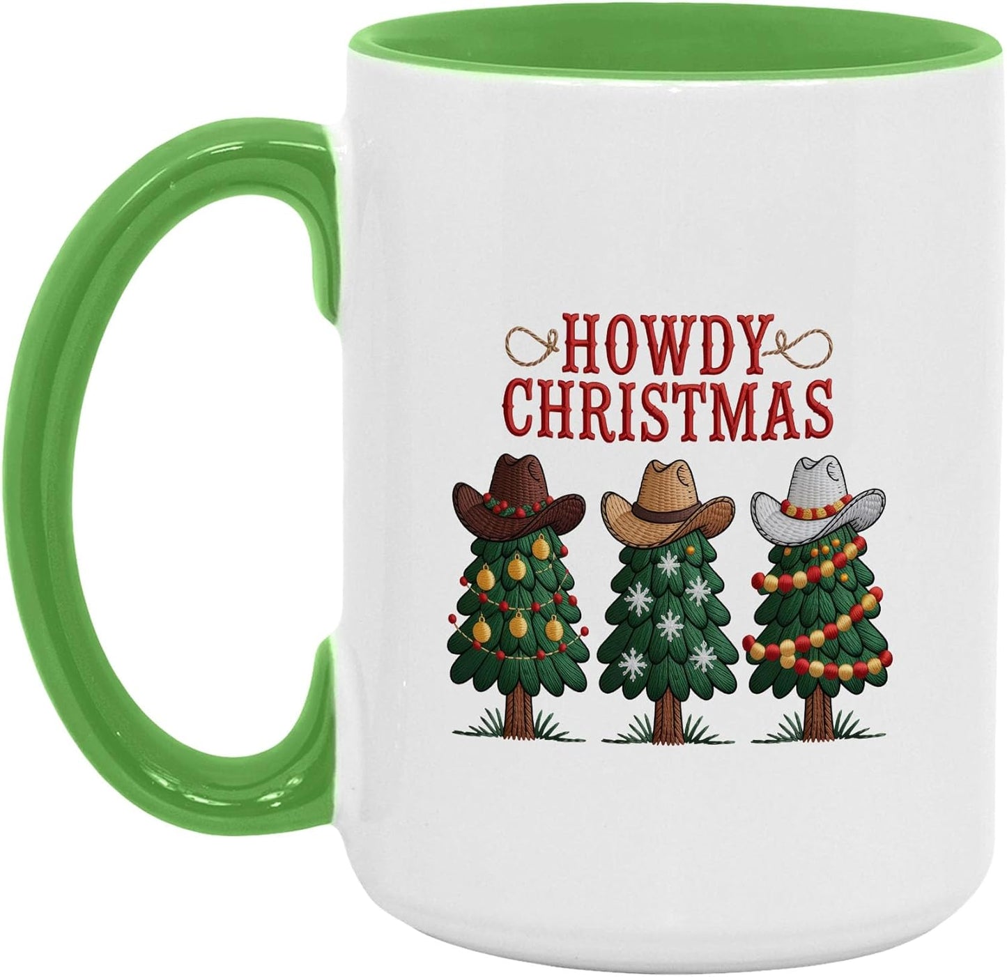 Howdy Christmas Tree Wearing Cowboy Hat Funny Two-Tone Accent Mugs, 11oz 15oz Drinking Cups, Kitchen Décor, Gifts For Book Lovers