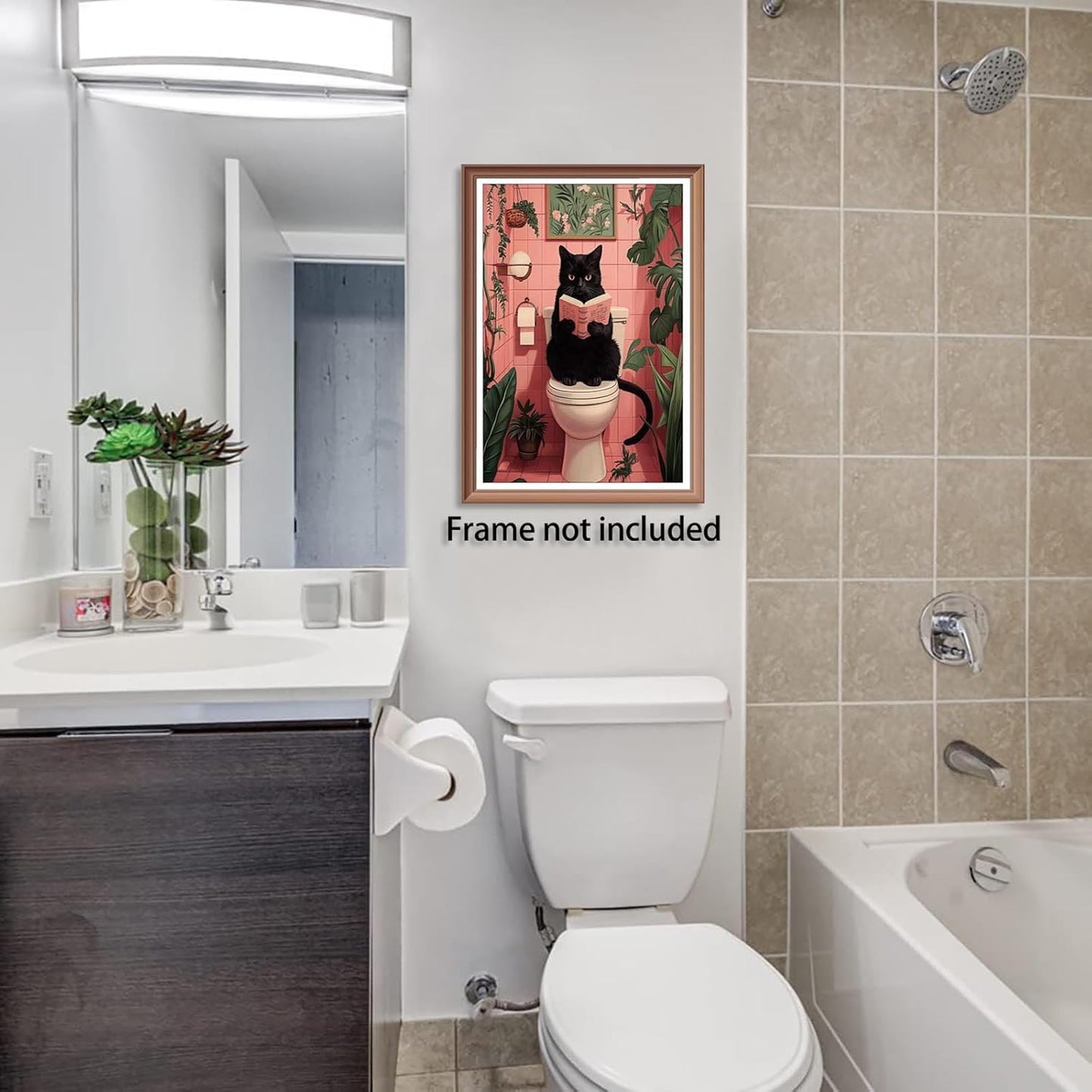 Trendy Funny Black Cat Using Toilet Posters Cute animal Reading Newspaper Canvas Wall Art Bathroom Botanical Pink Aesthetic Prints Painting For Home Bedroom Dorm Wall Decor 8x12in Unframed