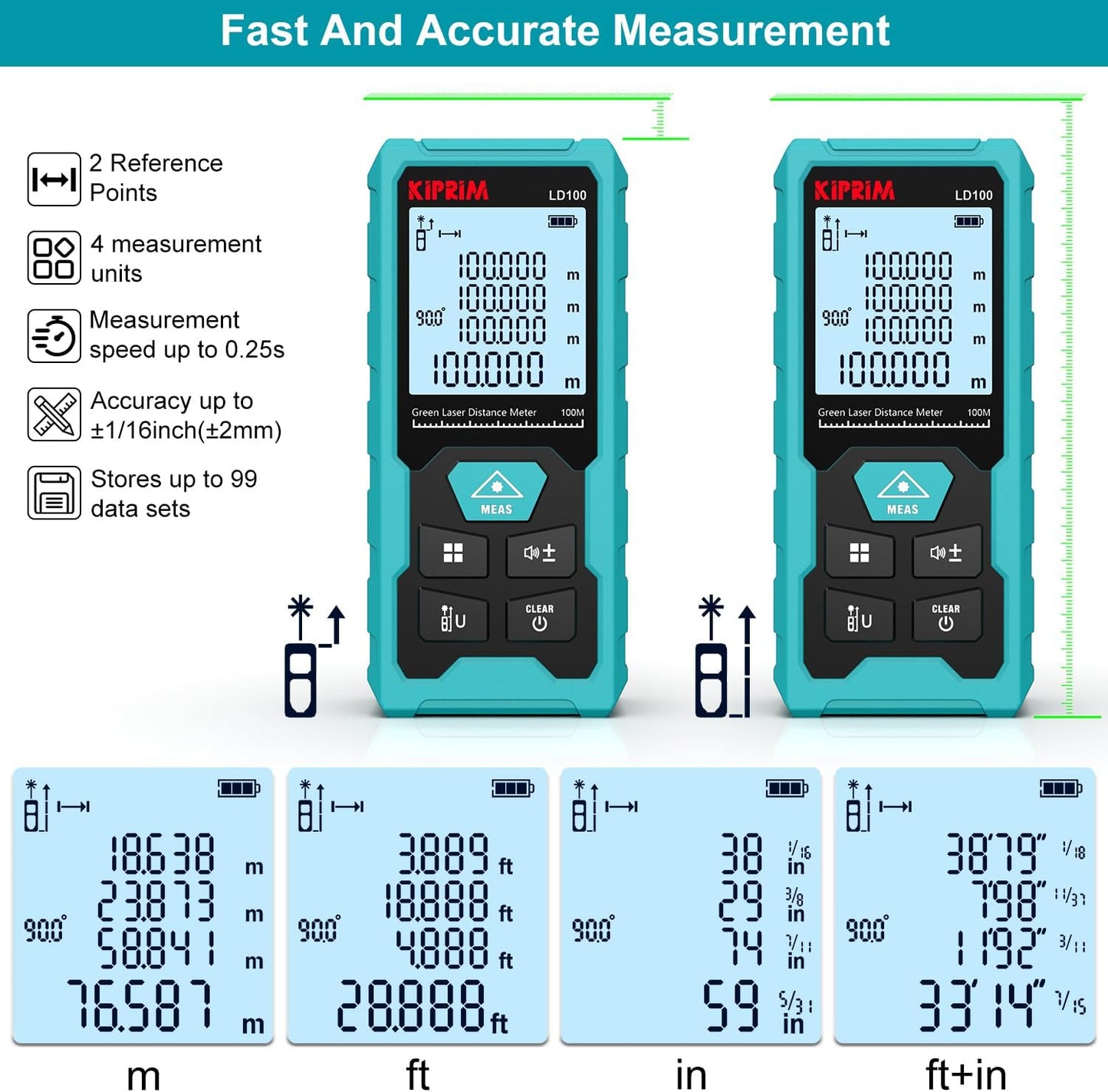 Kiprim Green Laser Distance Meter, 328ft Measuring Tool with USB Type-C Rechargeable Battery, ±1/16" Accuracy, Electronic Level, 10 Modes, Class II Laser, Reflector Plate LD100