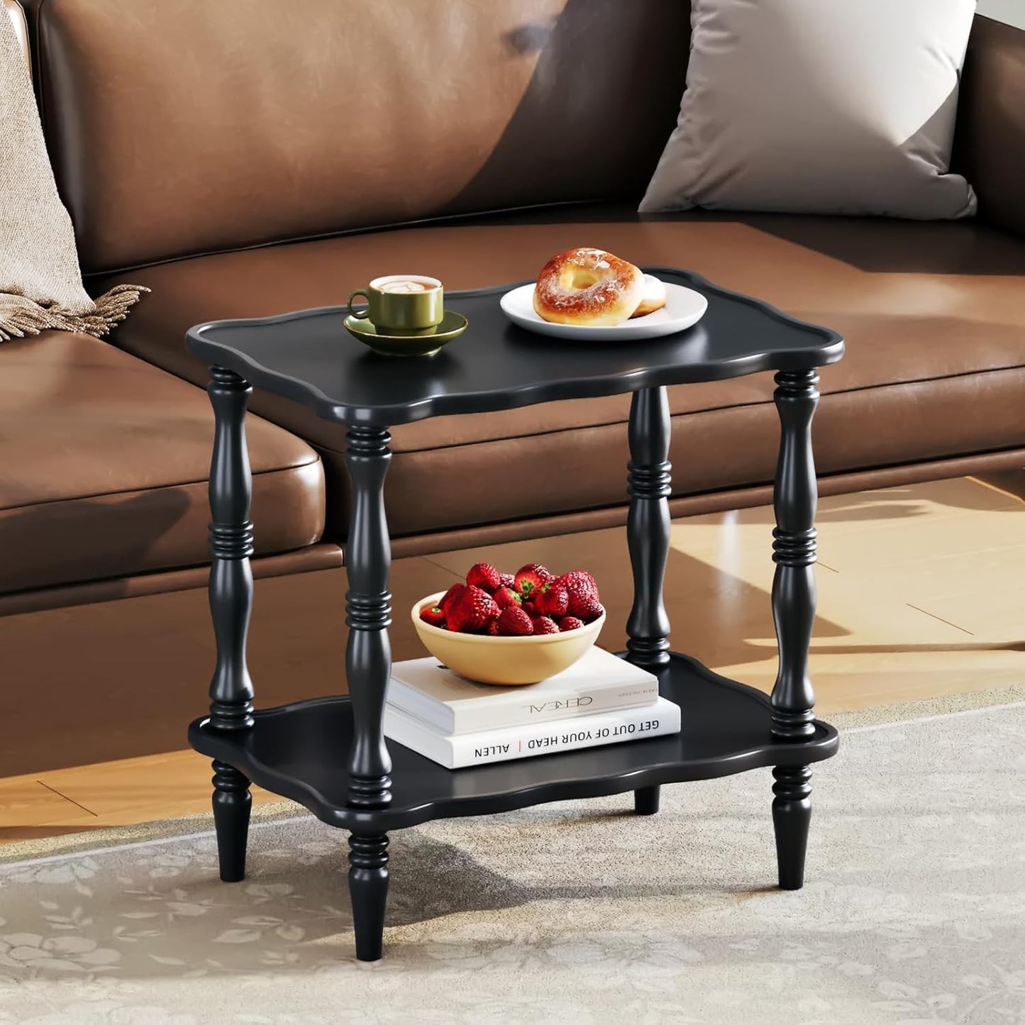 Uniclinens Solid Wood End Side Table - Small Wooden Nightstand for Living Room Bedroom, Black