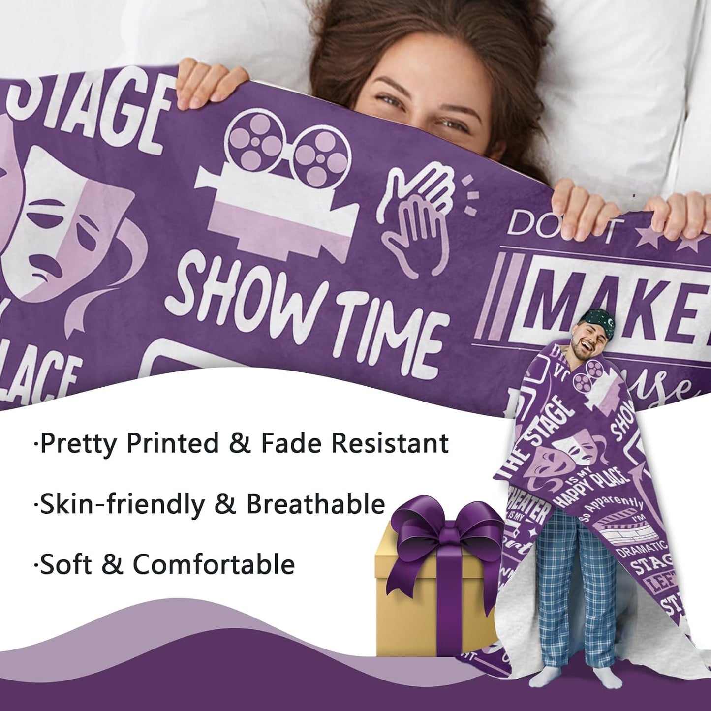 Theater Gifts Flannel Throw Blanket, Eat Sleep Musicals Repeat Present for Broadway Theatre Lover Actor, Birthday Ideas for Women Girl Boy, Soft Blankets for Bedding Sofa 50"x60"