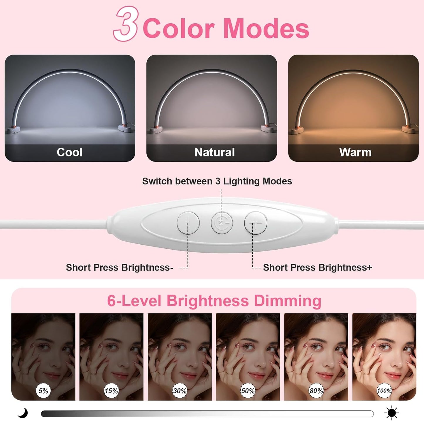 Half Moon Light for Nail Desk 20 inch Nail Desk Light Half Moon Lamp Portable Arch Lamp Dimmable with Foldable Bracket for Desk Salon Table Use, 3 Color Temperature