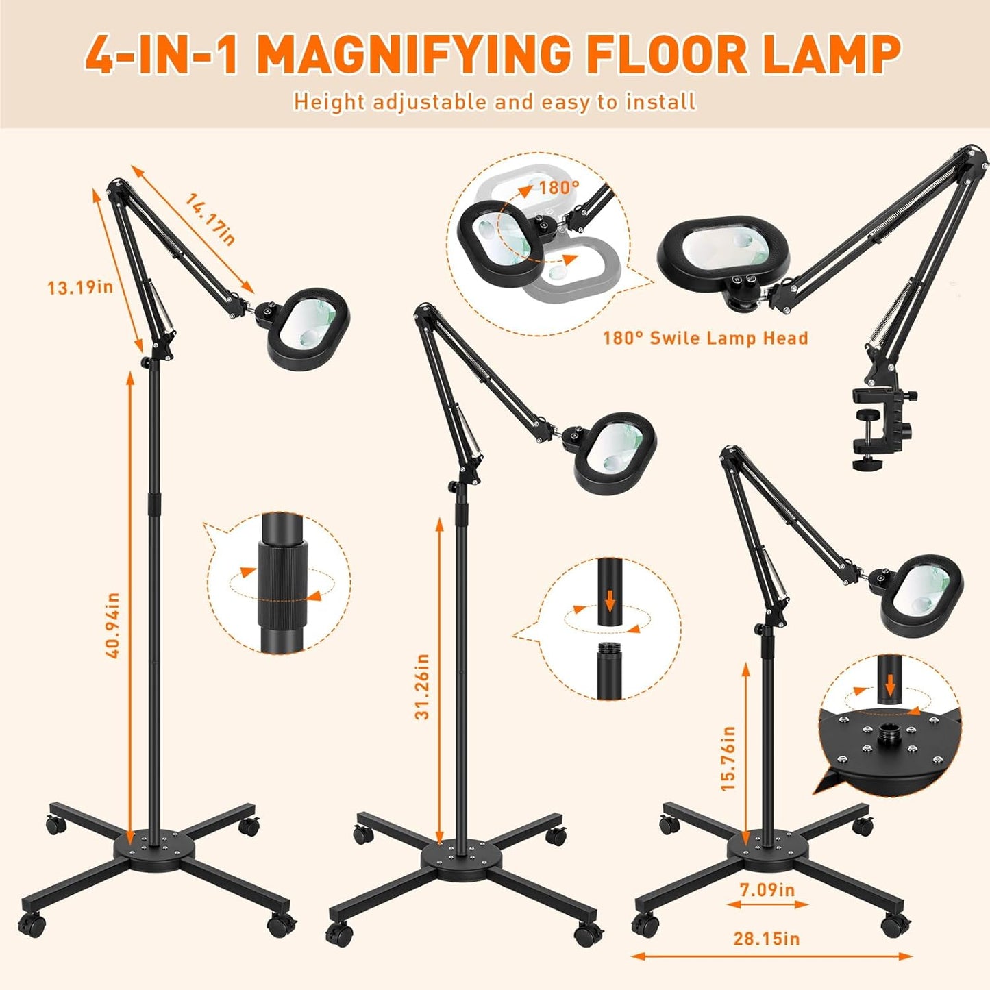 2,200 Lumens, 30X/12X Large Magnifying Glass with Light, Floor Lamp with 3-Axis Rotary Head, Mag Lamp for Estheticians Nail Eyelash, Infinite Colors, Desk Lighted Magnifier for Craft Reading