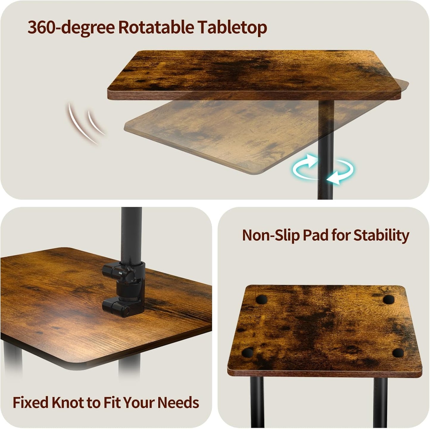 Swivel Side Table for Couch, 3 Tier Small End Table Adjustable Height with Rotatable Tray, Space Saving Nightstand with Storage Shelf for Living Room, Bedroom, Small Spaces