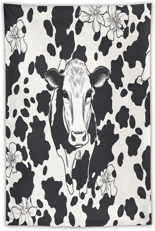 FodPand Black And White Cowm Tapestry Anti-fading Wall Tapestry with Installation Kit Backdrop Banner Multipurpose Aesthetic Tapestries Boho Wall Art Hanging Decorative Blanket 40"x60"