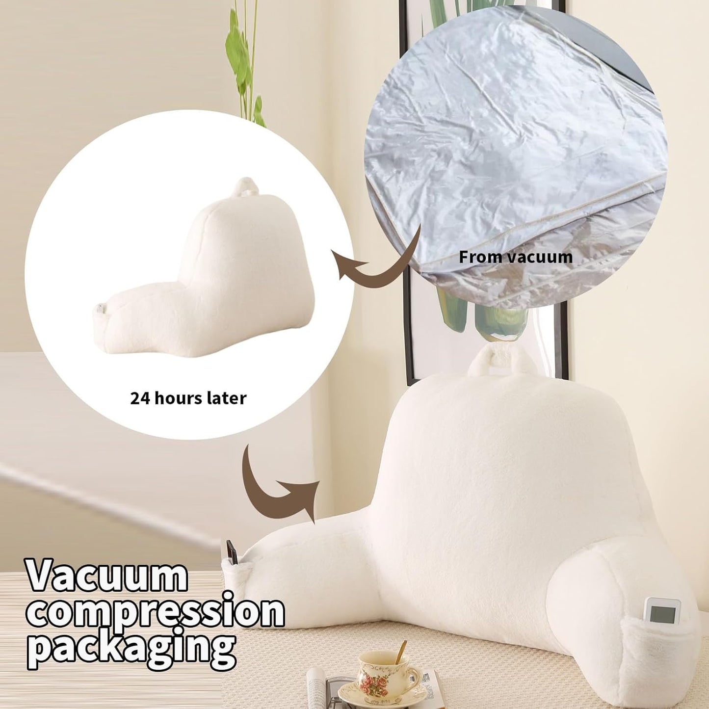 Back Pillow for Bed Sitting Up,Large Backrest Reading Pillow with Arm Rest,Back Rest Support Cushion for Sitting Up on Couch,Sofa,Floor,Dorm Essentials(White Faux Fur,Standard(17"))