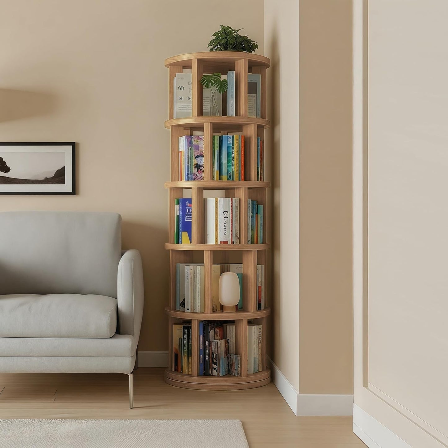 Rotating Bookshelf Tower, Wooden, 5 Tier Vertical Rotate Turning Spiral Corner Organizer, 360° Rotating Book Tower, Ideal for Small Spaces, Living Rooms, Bedrooms (Natural, 5 Tier)