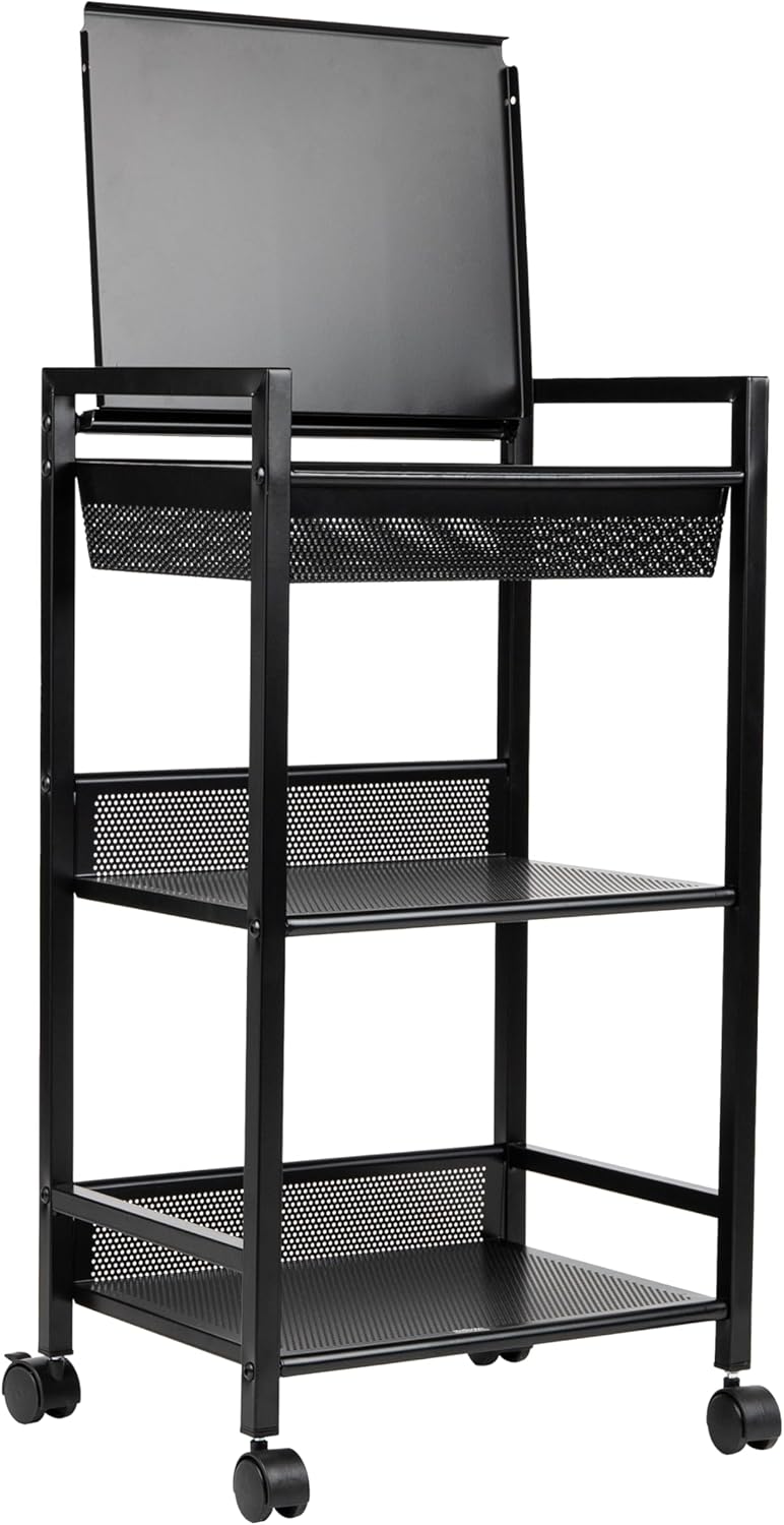 Mind Reader Cart with Covered Compartment, Office Organizer, Storage, 3-Tier, Office, Metal, 15.5" L x 11" W x 28.25" H, Black