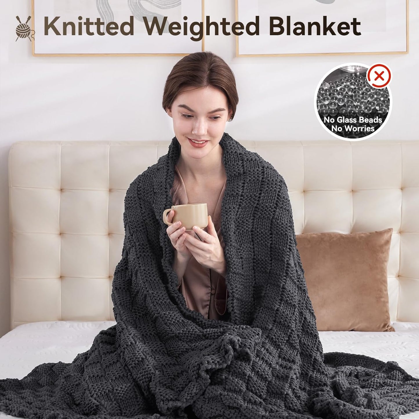 Knitted Weighted Blanket for Adult, No Beads Heavy Blanket 48” x 72'' 15lbs, Breathable Chunky Knit Blanket, Cooling Weighted Blanket for Hot Sleepers, Christmas Home Decor (Dark Grey)