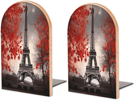 Eiffel Tower Autumn Leaves Bookend for Shelves Wooden Book End Large Size Sturdy Book Holders Stoppers with Metal Base for Bookshelves Slick Decorative Bookends Stands