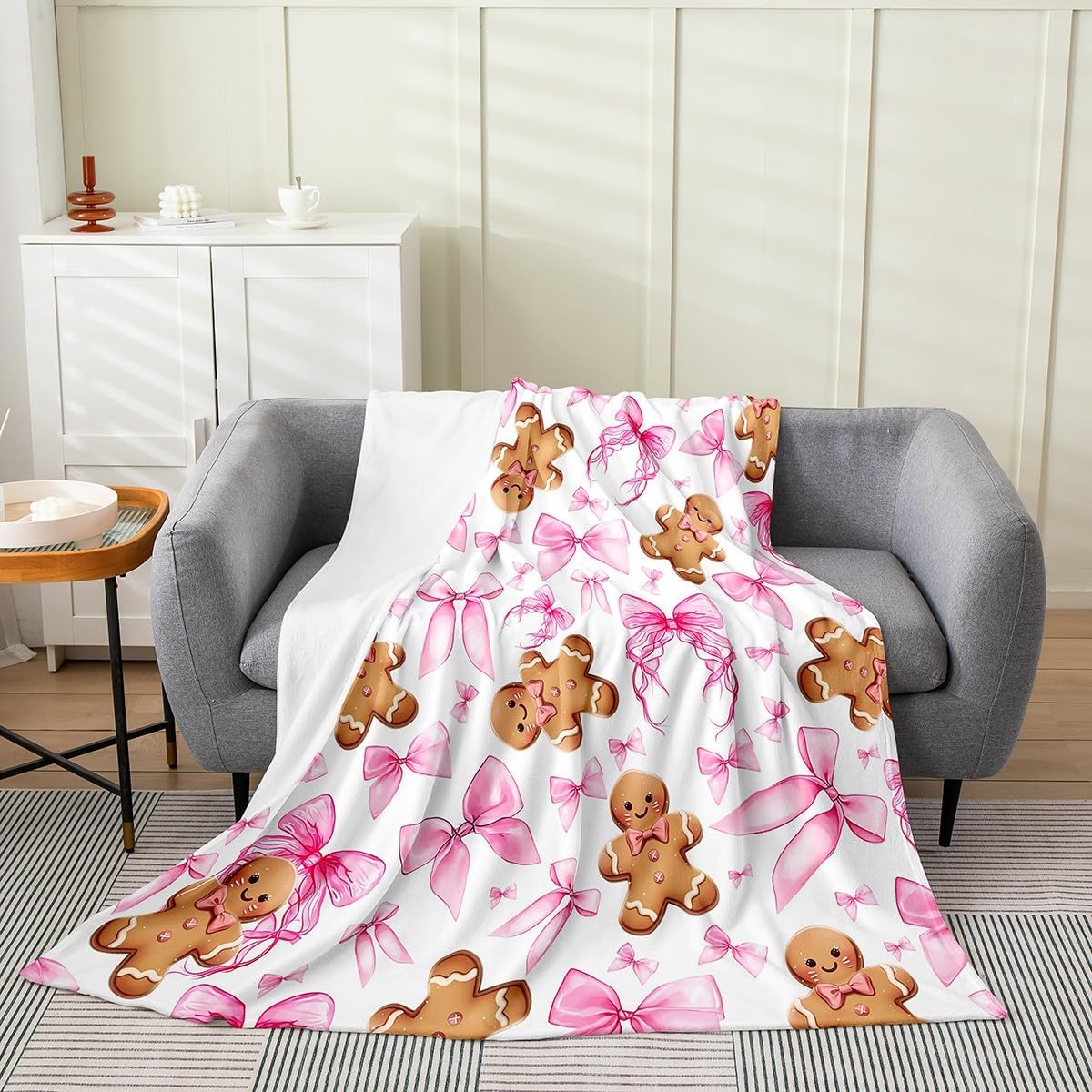 Feelyou Pink Bowknot Flannel Fleece Throw Blanket Gingerbread Man Fuzzy Blanket Twin 60"x80" for Sofa Couch Room Decor Merry Christmas Dreamy Princess All Season Bed Blanket Xmas Theme Plush Blanket