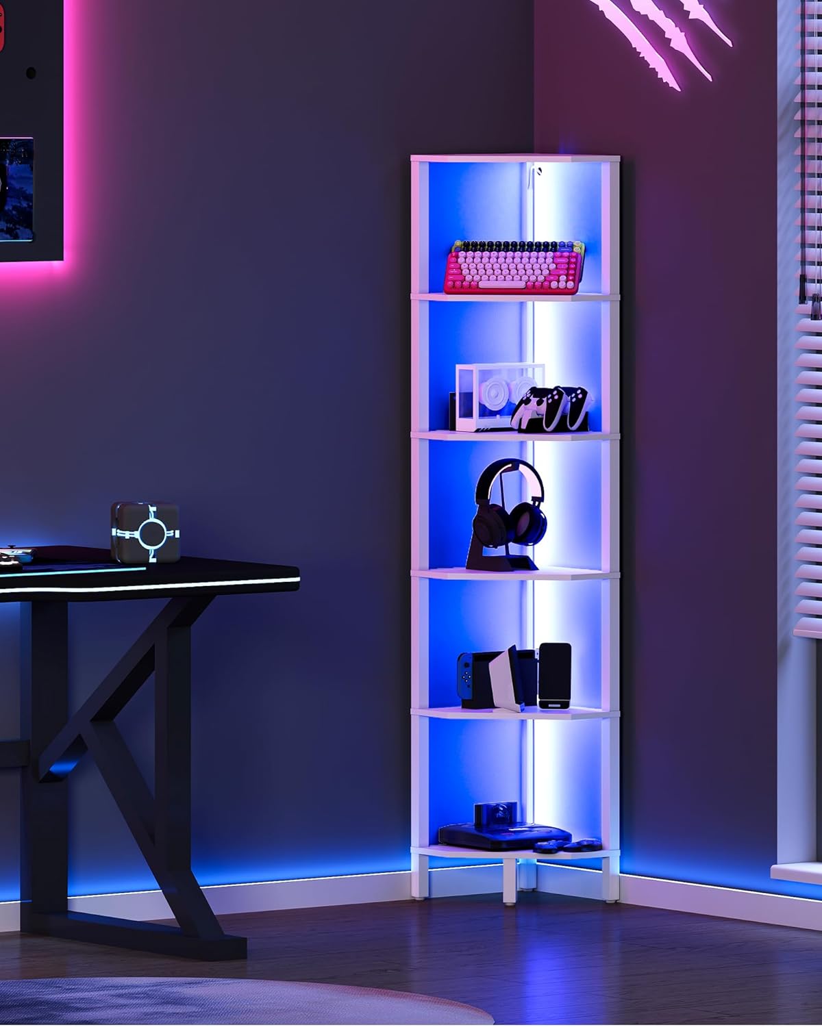 LED Corner Shelf with Lights, 5-Tier Diamond Shape Bookshelf, Standing Narrow Storage Organizer for Living Room, Bedroom, Office, Study, White MCJ03DWB