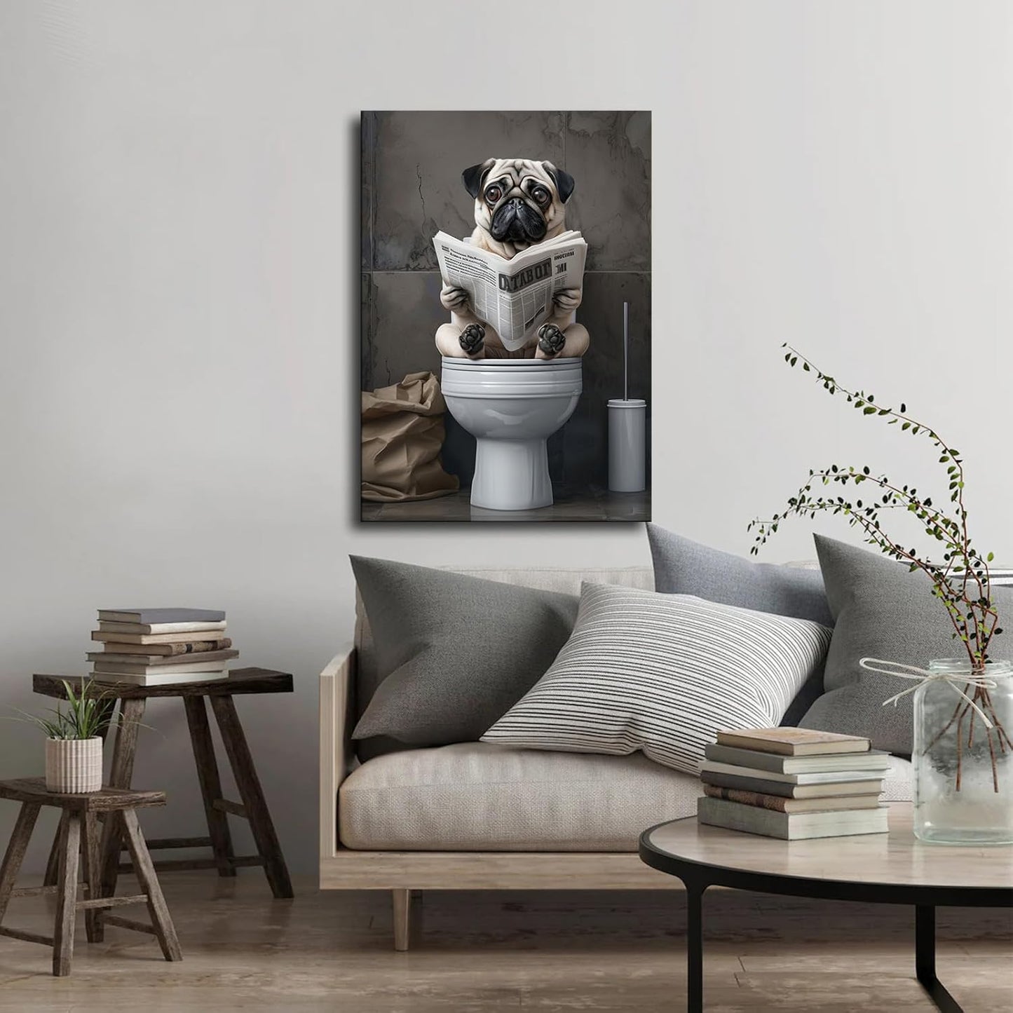 chenmjj Pug Sitting on Toilet and Reading Newspaper Print Poster Picture HD Print Poster Retro Painted Modern Home Bedroom Room Aesthetic Decoration Canvas Art (12x18inch Unframed)