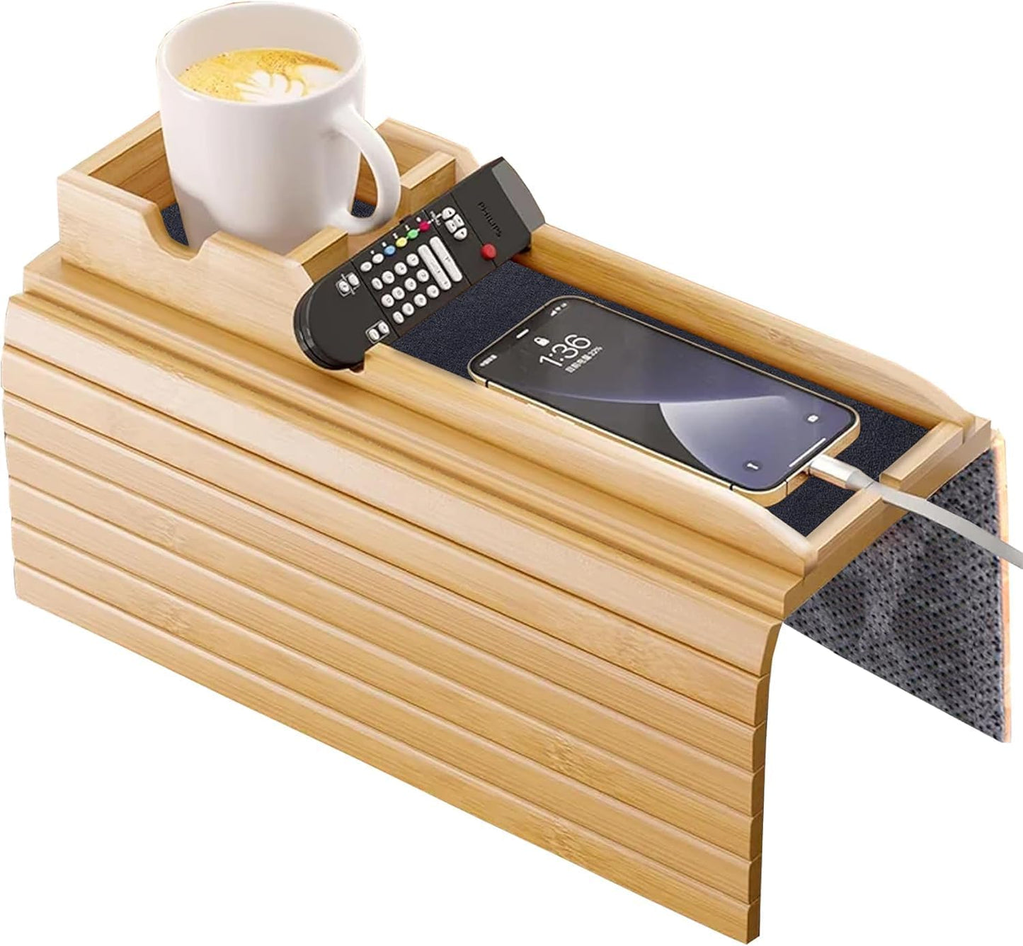 Bamboo Sofa Armrest Tray -with Detachable Cup Holder, Fits Arms up to 6 Inches Wide - Foldable Non-Slip Bamboo Sofa Arm Tray Table for Remote, Cell-Phone & Drinks, Snacks – Space-Saving, 17.7"x12.8"