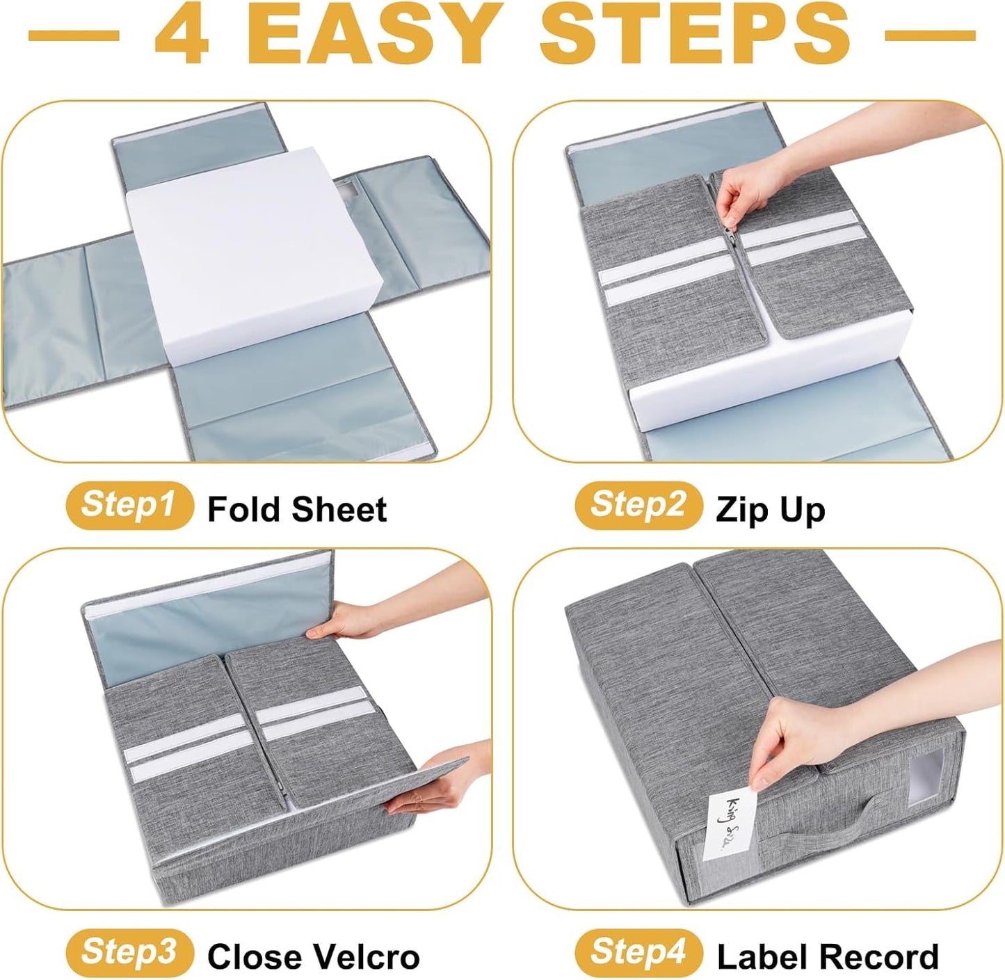 Cosybreeze Bed Sheet Organizers and Storage, Foldable Bed Sheet Set 4 Pack Twin/Full/King/Queen Size Organizing Bedding Container Linen Closet Organizer for Duvet Covers Clothes Towels, Grey