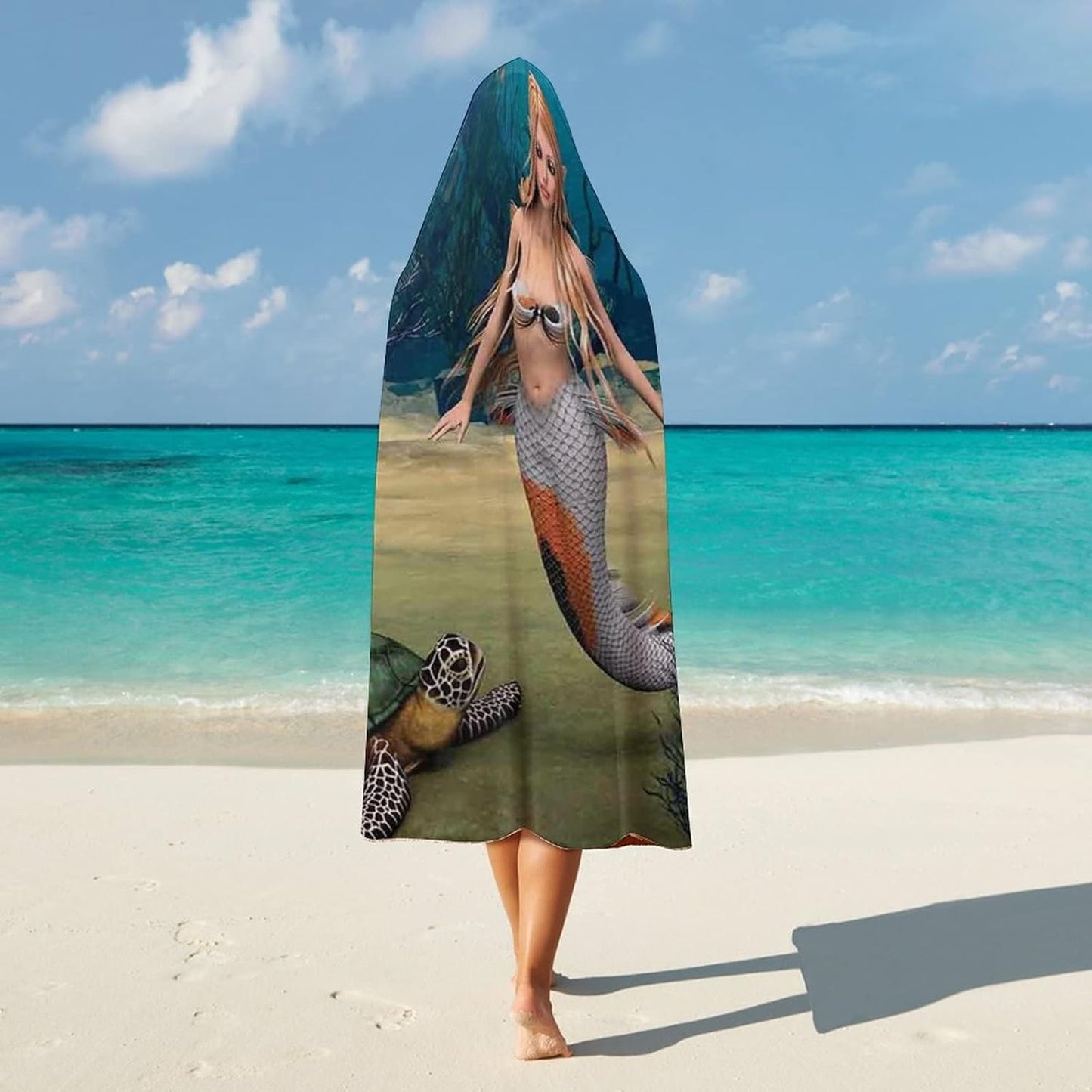Throw Blankets, Ocean Women Men Hooded Blanket, Digital Render of Cute Girl Turtle Fantasy, Soft Warm Cozy, 40 x 50inches, Studying Reading Snuggling Napping Office, Multicolor
