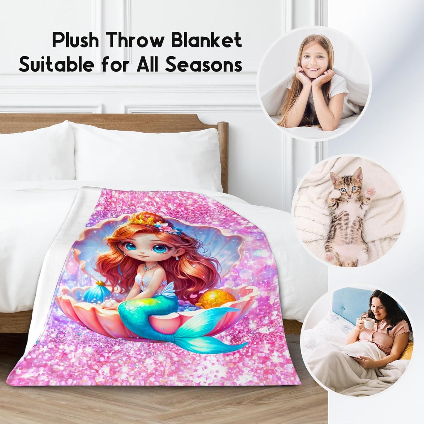 Girls Blanket - Mermaid Blankets for Kids Teens - Gifts for Daughter Women - 60x80 Inches Soft Flannel Cute Throws for Bedroom