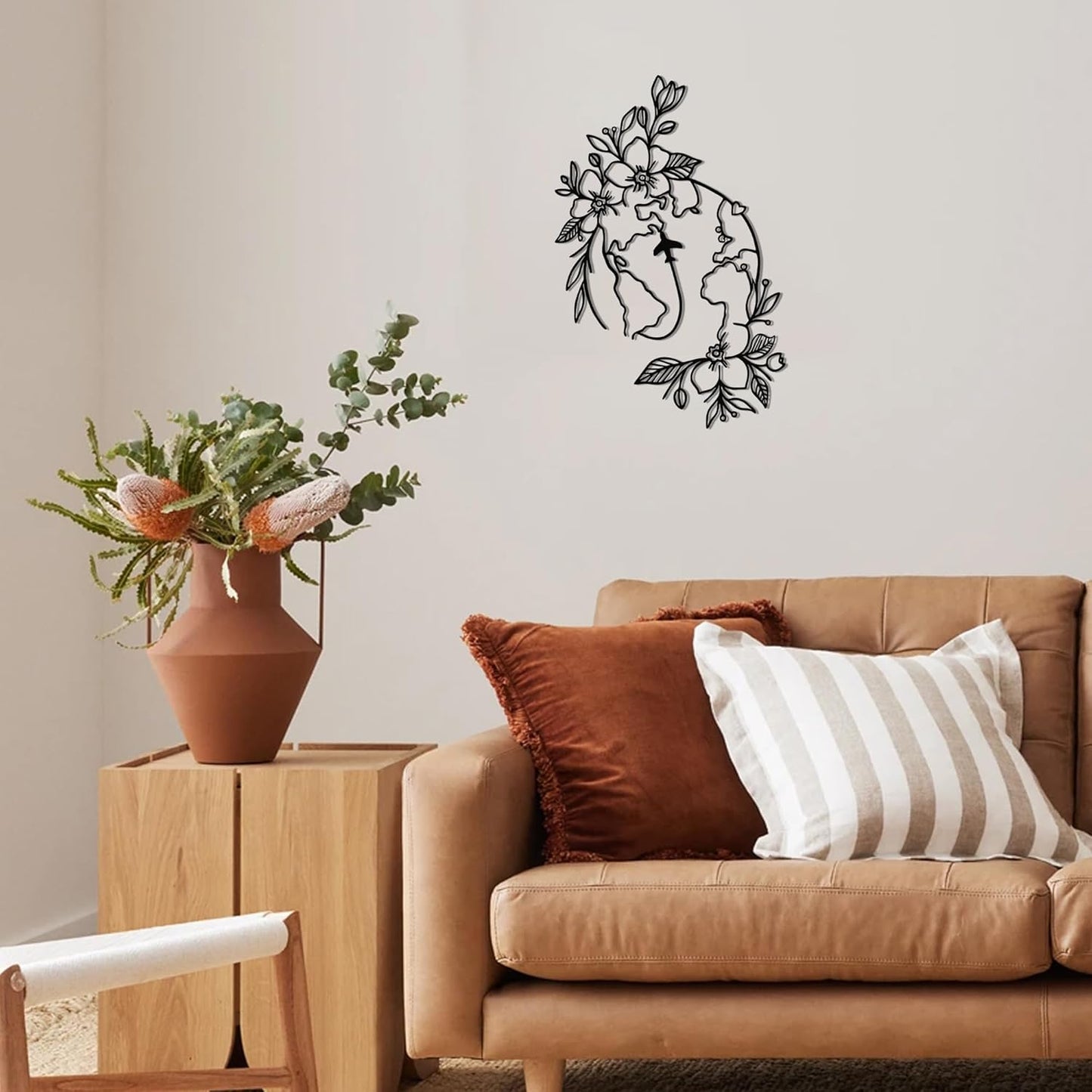 YATEASLU Metal Travel Wall Decor, Travel Themed Decor with World Map Design, Bedroom & Living Room Wall Art Gift for Travelers (Flower & Plane)