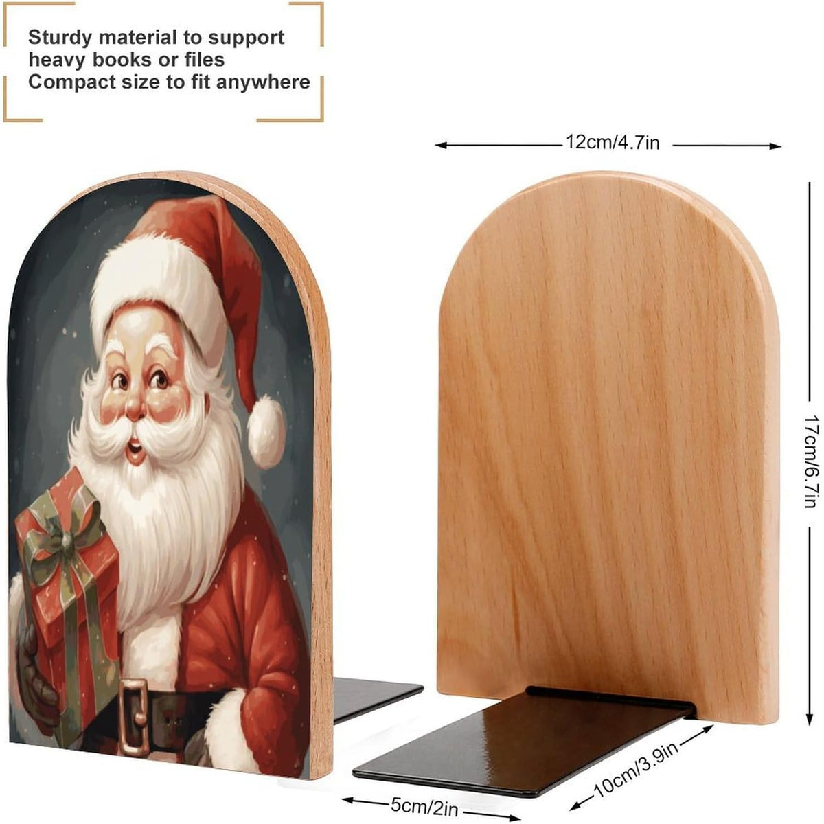 Santa Claus with Box Wooden Bookend Non-Slip Book Ends Heavy Duty Book Stopper with Metal Base Books Holderd Decorative Bookends Stands Firmly for Office Supplies