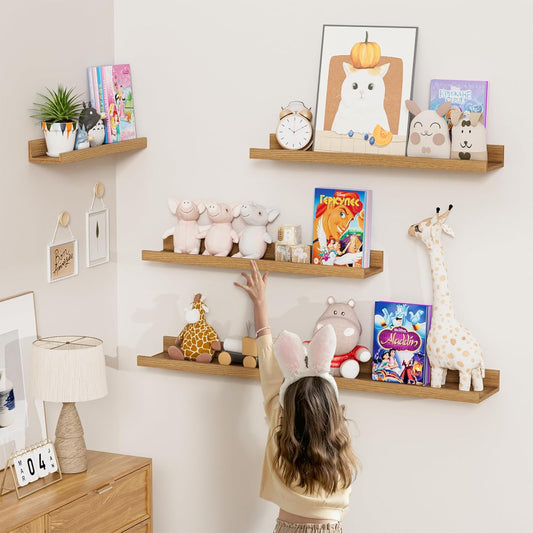 Heimlove Picture Ledge Shelf,24 inch Long Floating Shelves for Wall Set of 4,Picture Shelf with Lip for Wall Decor,Living Room,Bedroom,Bookshelf,Nursery,Perfume,Oak Color