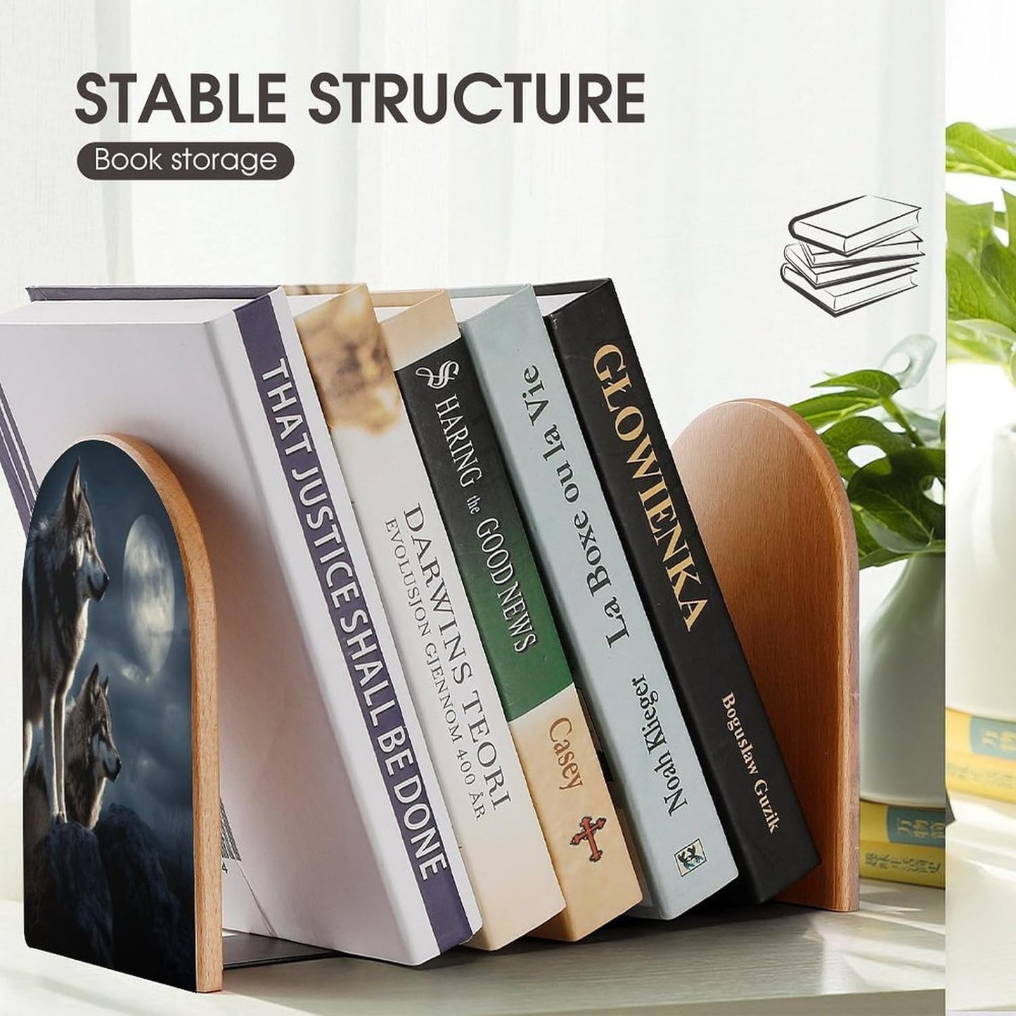 Wolves in The Moonlight Bookend for Shelves Wooden Book End Large Size Sturdy Book Holders Stoppers with Metal Base for Bookshelves Slick Decorative Bookends Stands