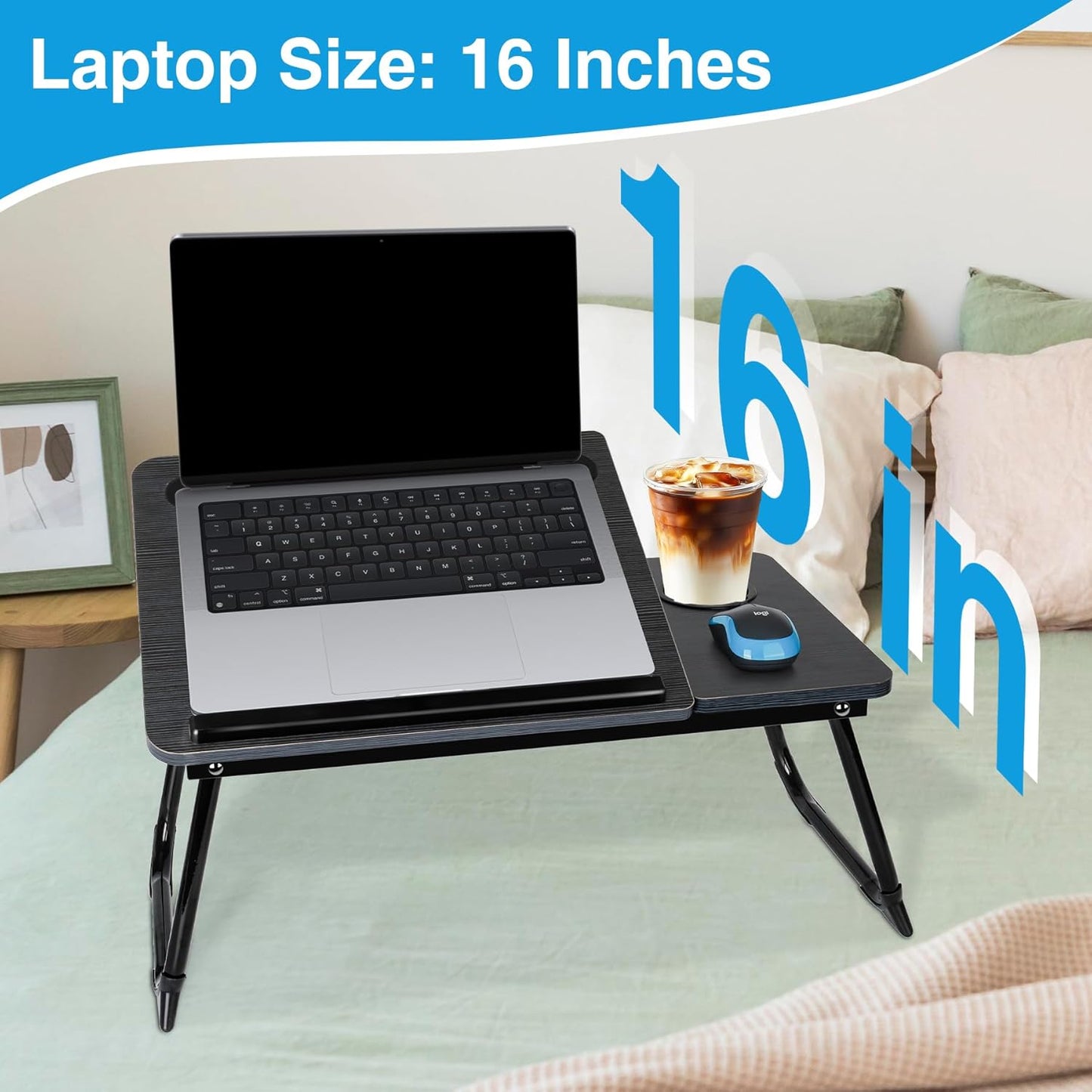 Laptop Bed Desk, Adjustable Lap Desk, Small Laptop Table with USB Charge Port, Desktop Card &Pen Slot, Cup Holder, Foldable Bed Tray Table for Couch Sofa Chair Floor Eating Working