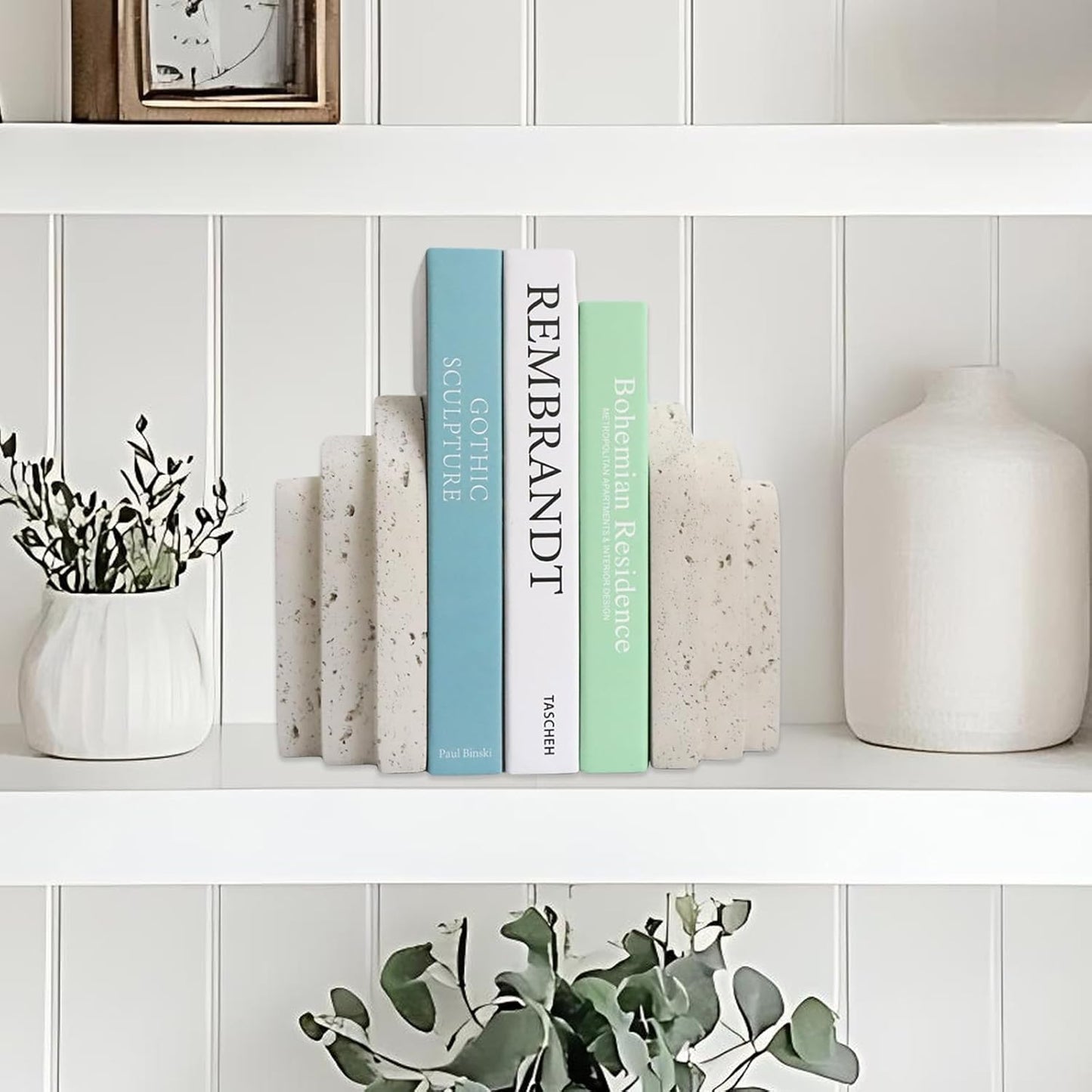 Decorative Book Ends for Shelves - Boho Aesthetic Bookends Decor - Heavy Duty Travertine Book Stopper Holder for Home Office Desk Coffee Table (Grey)